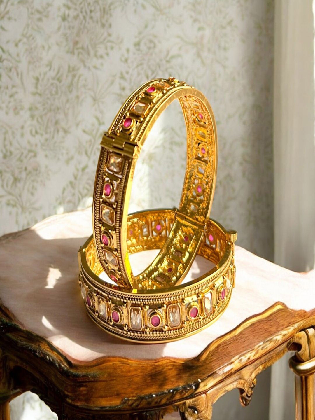 

AccessHer Set Of 2 Gold-Plated Stones-Studded Rectangular Bangles
