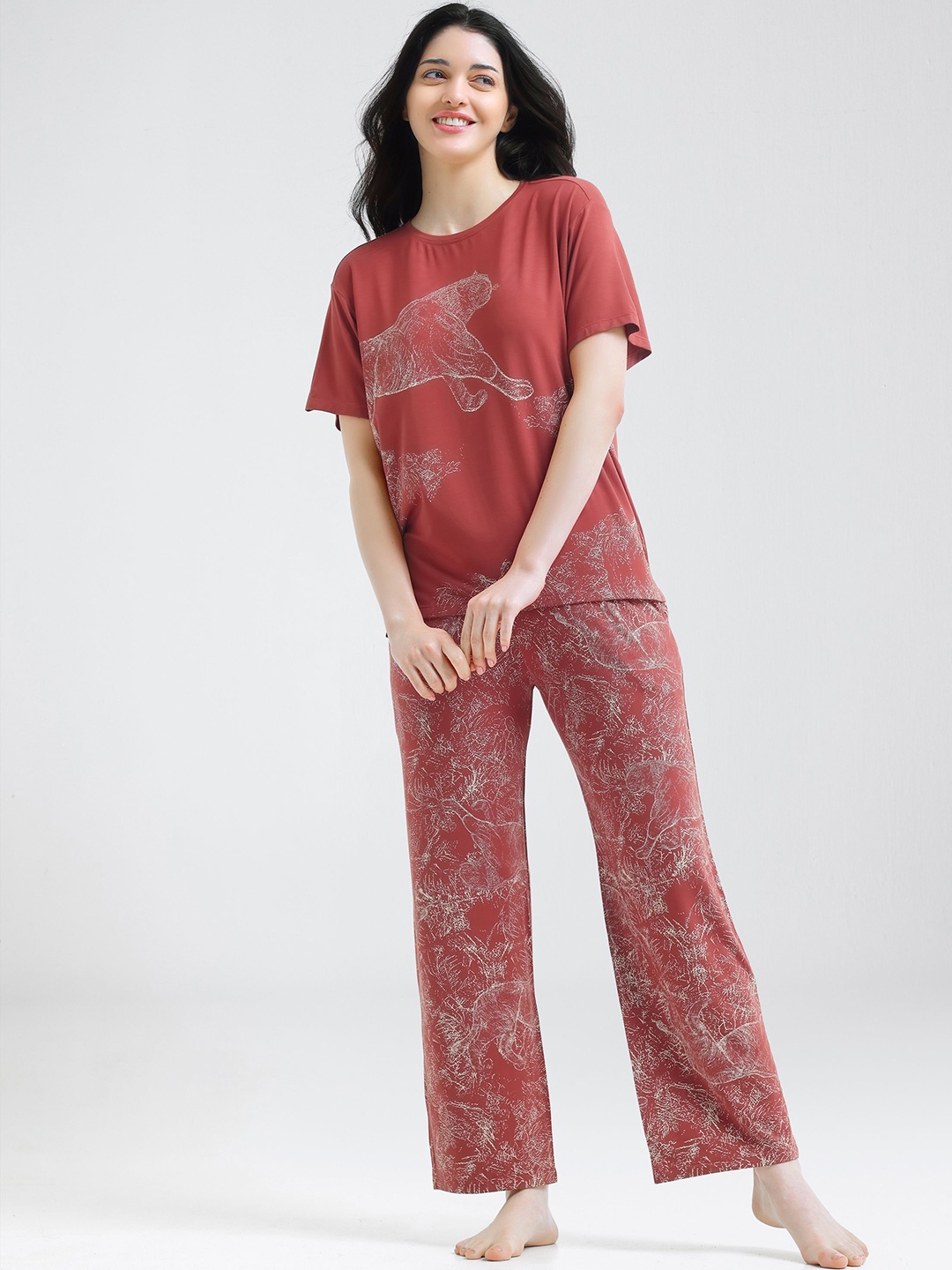 

I like me Women Round Neck Animal Printed Night suit, Brown