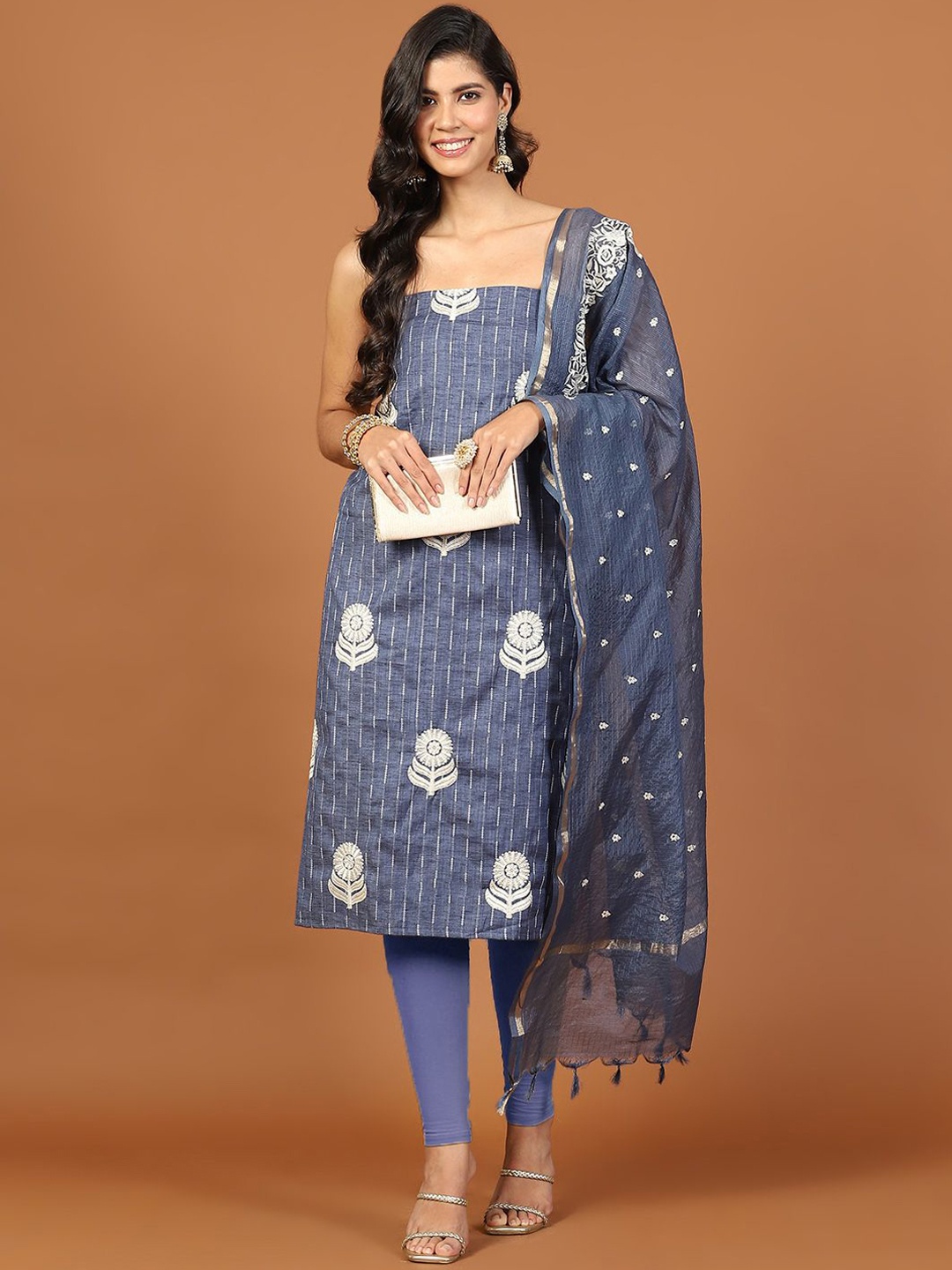 

Meena Bazaar Floral Printed Unstitched Dress Material, Blue