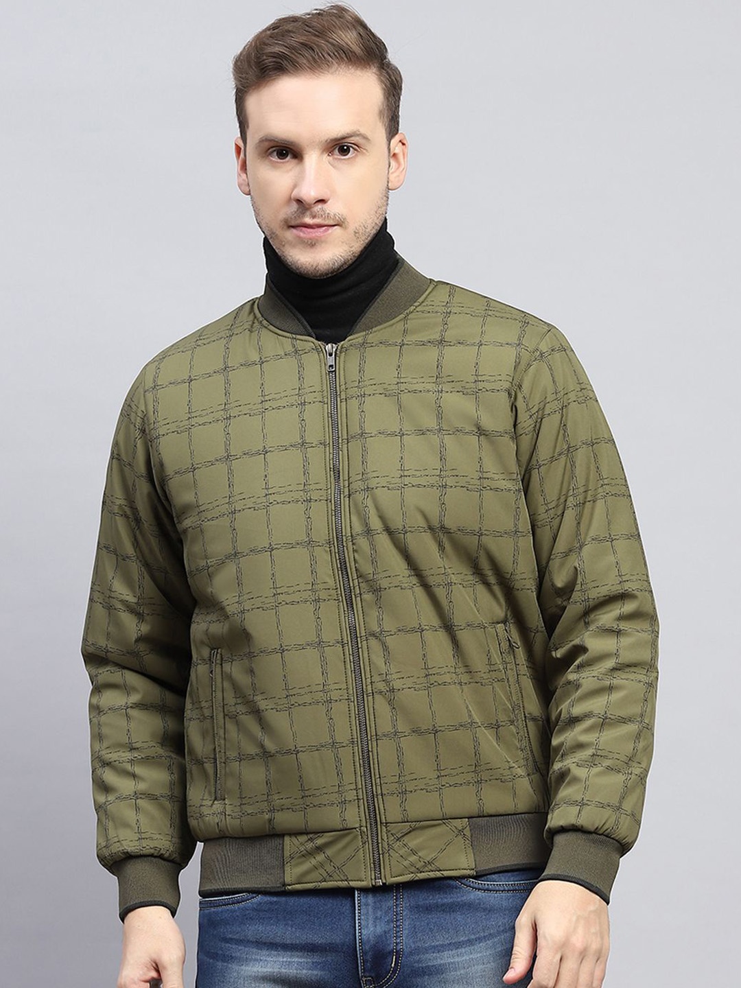 

Monte Carlo Men Stand Collar Checked Casual Bomber Jacket, Olive
