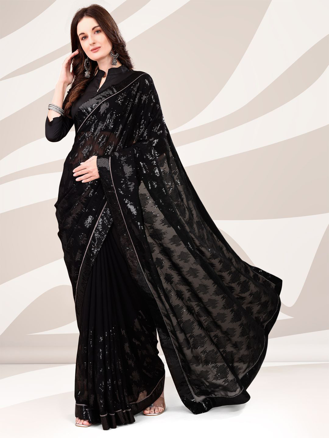 

Indian Women Sequinned Pure Georgette Saree, Black