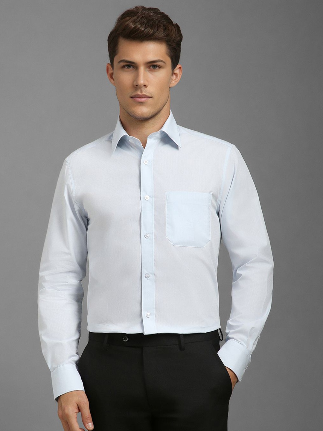 

Louis Philippe Men Classic Spread Collar Solid Cotton Formal Shirt, Blue