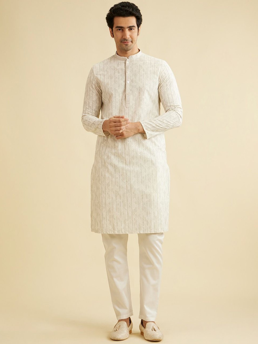

Manyavar Floral Embroidered Chikankari Pure Cotton Straight Kurta with Pyjamas, Beige