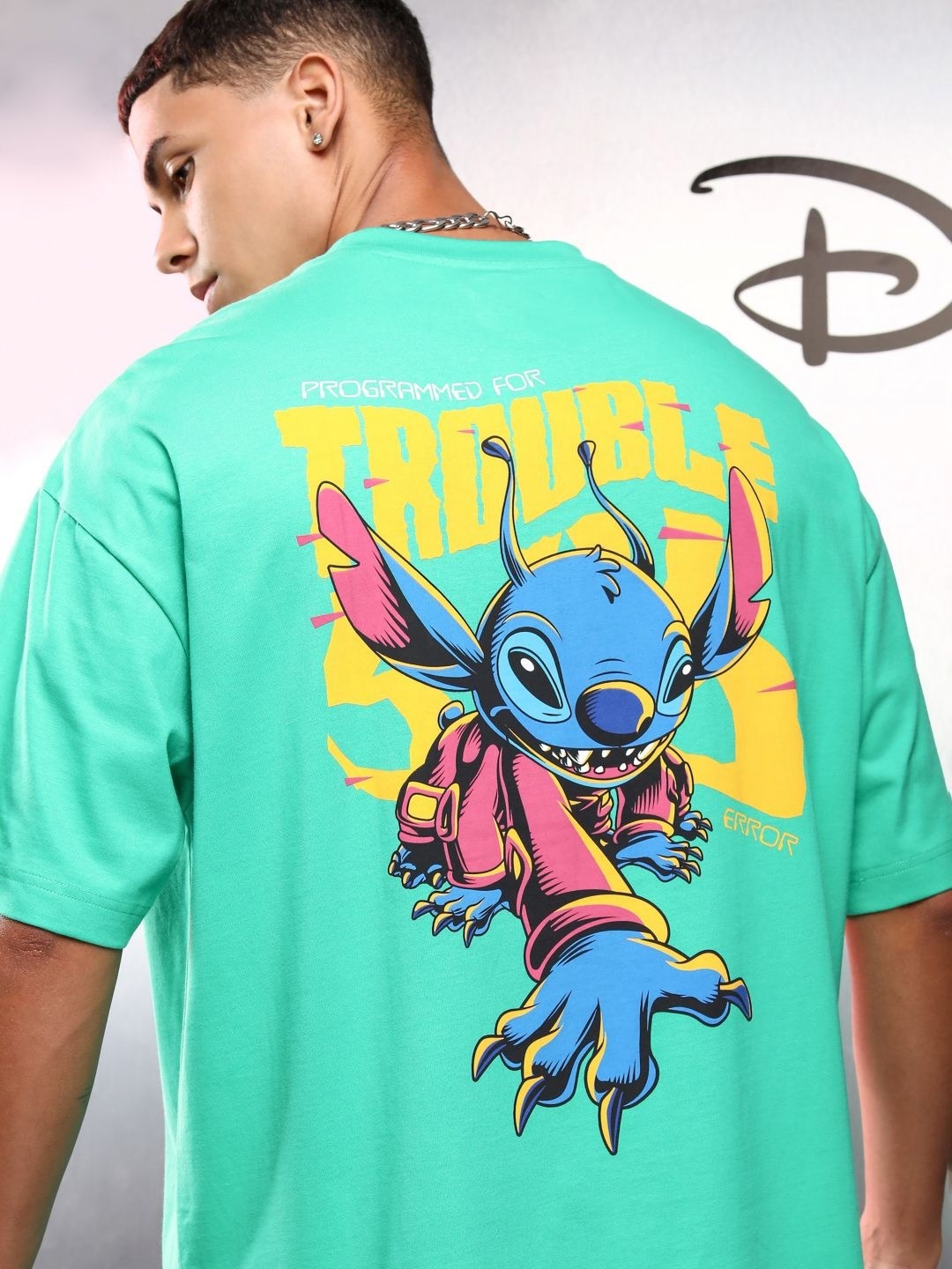 

HIGHLANDER Disney Men Stitch Round Neck Short Sleeve Oversized Drop Shoulder Tshirt, Green