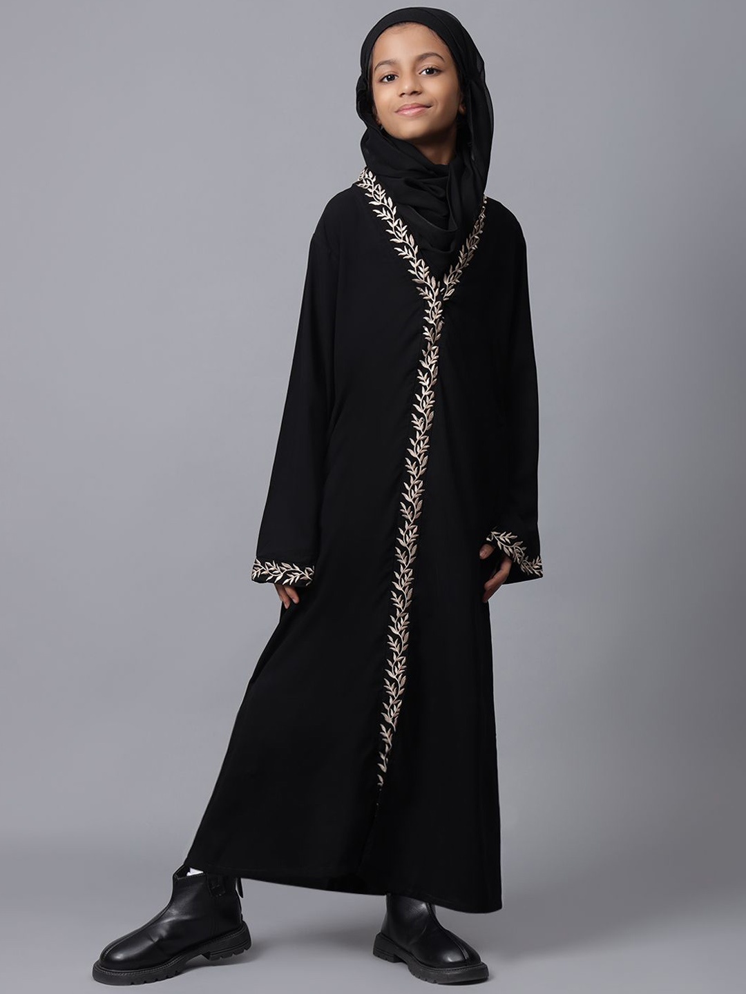 

NABIA Girls Embroidered Detail Abaya Burqa With Scarf, Black