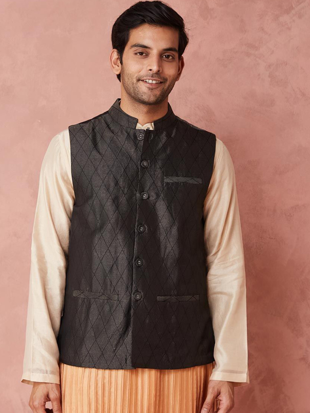 

Fabindia Woven Design Woven Nehru Jackets, Black