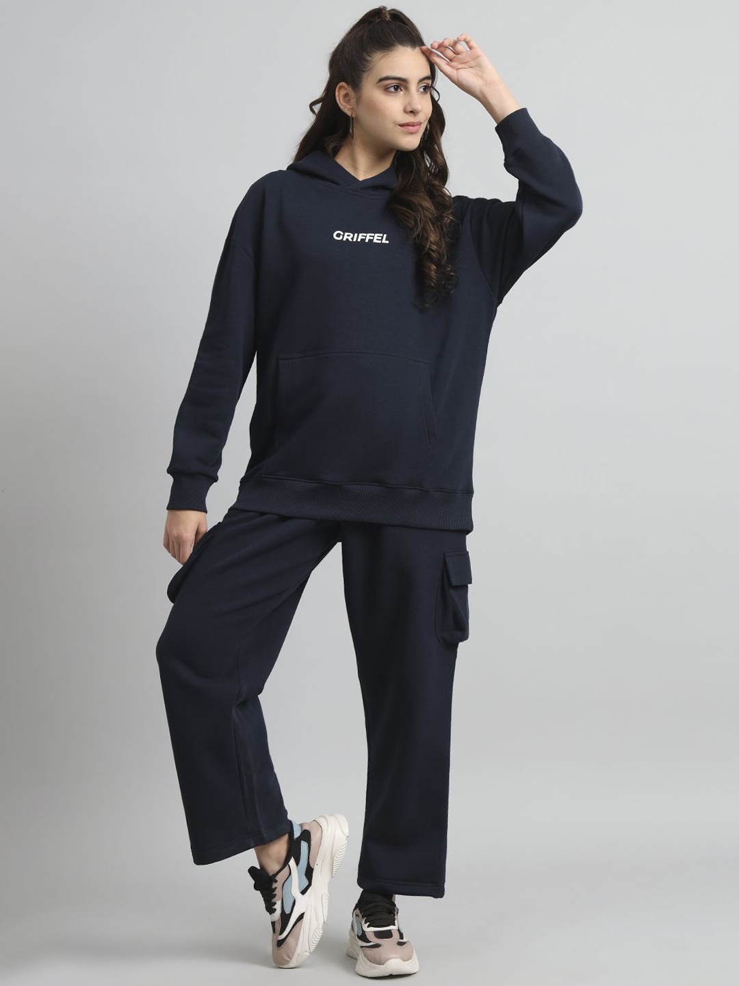 

GRIFFEL Printed Hooded Long Sleeves Sweatshirt With Track Pant, Navy blue