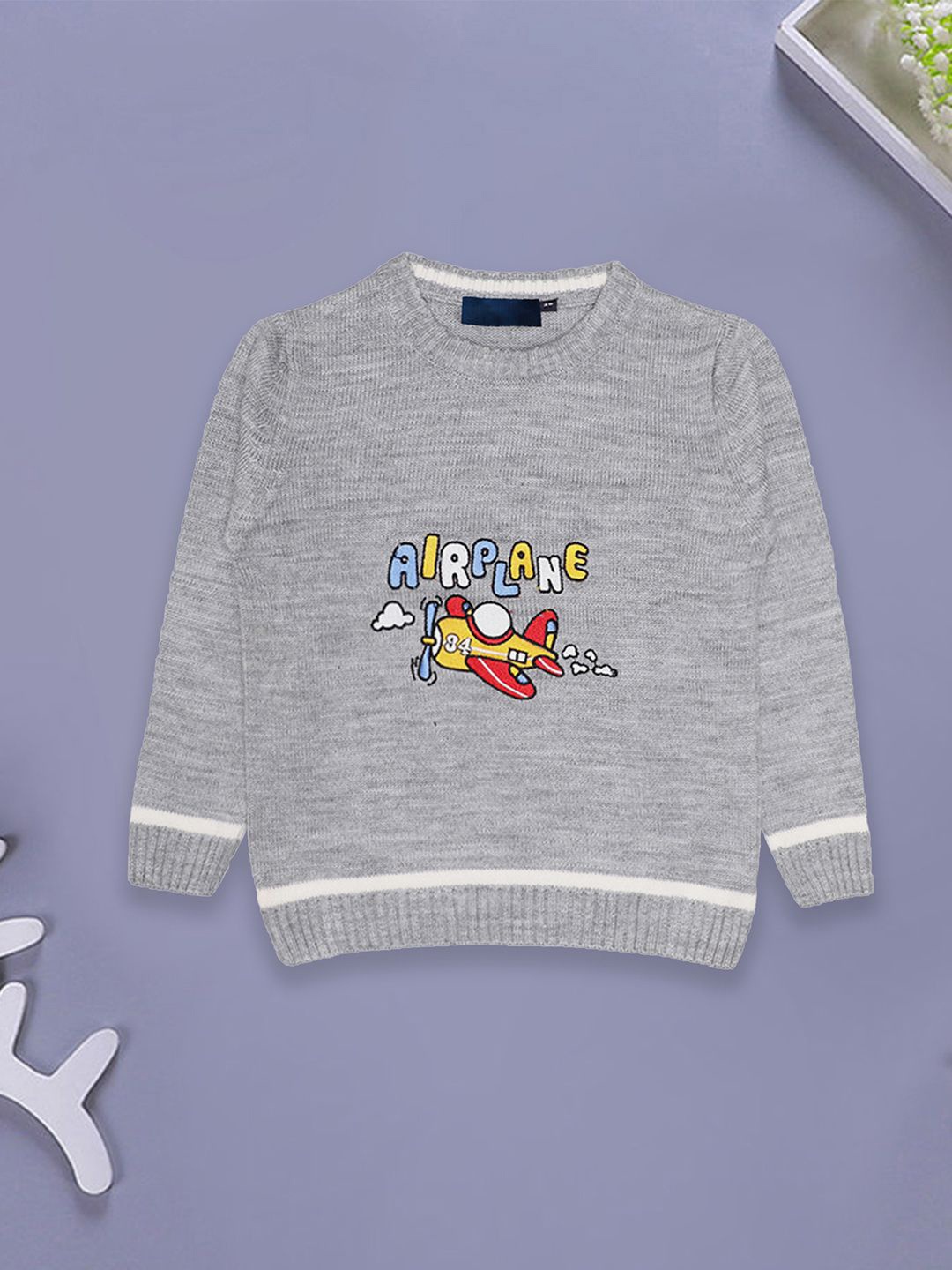 

CHKOKKO Boys Typography Printed Woollen Pullover with Embroidered Detail, Grey