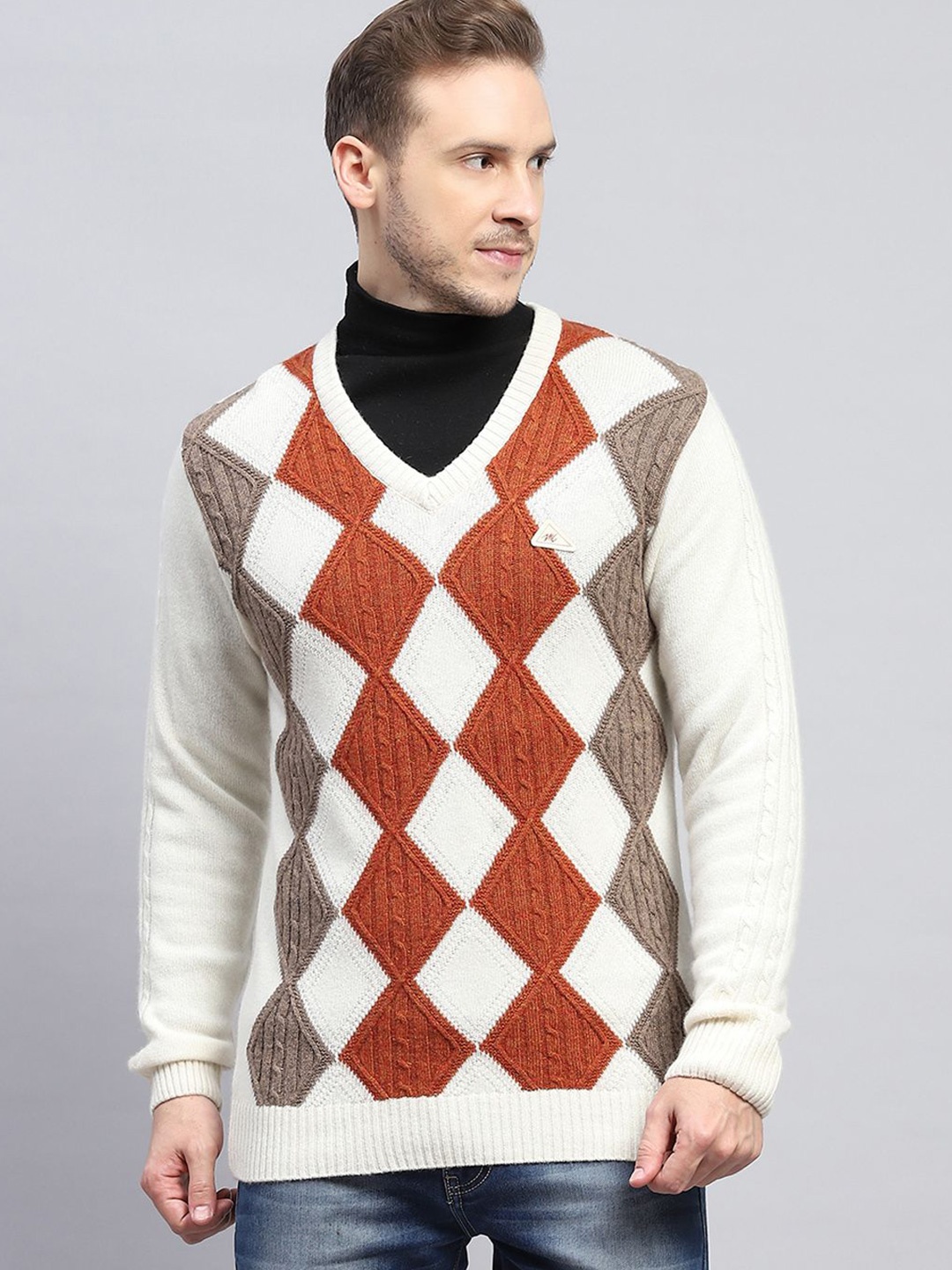 

Monte Carlo Men Checked Woollen Pullover, Off white