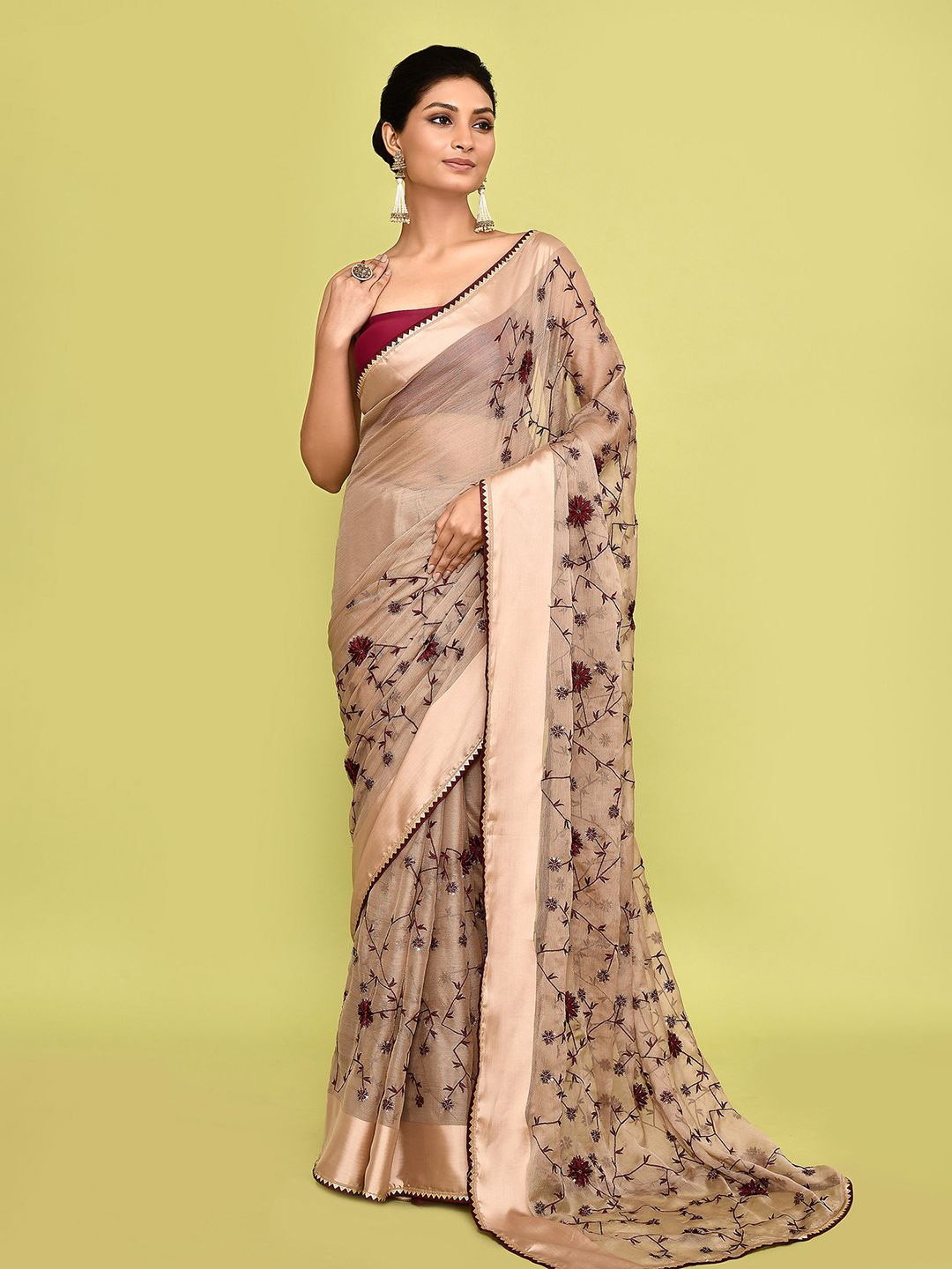 

Nazaakat by Samara Singh Ethnic Motifs Zari Poly Georgette Saree, Beige