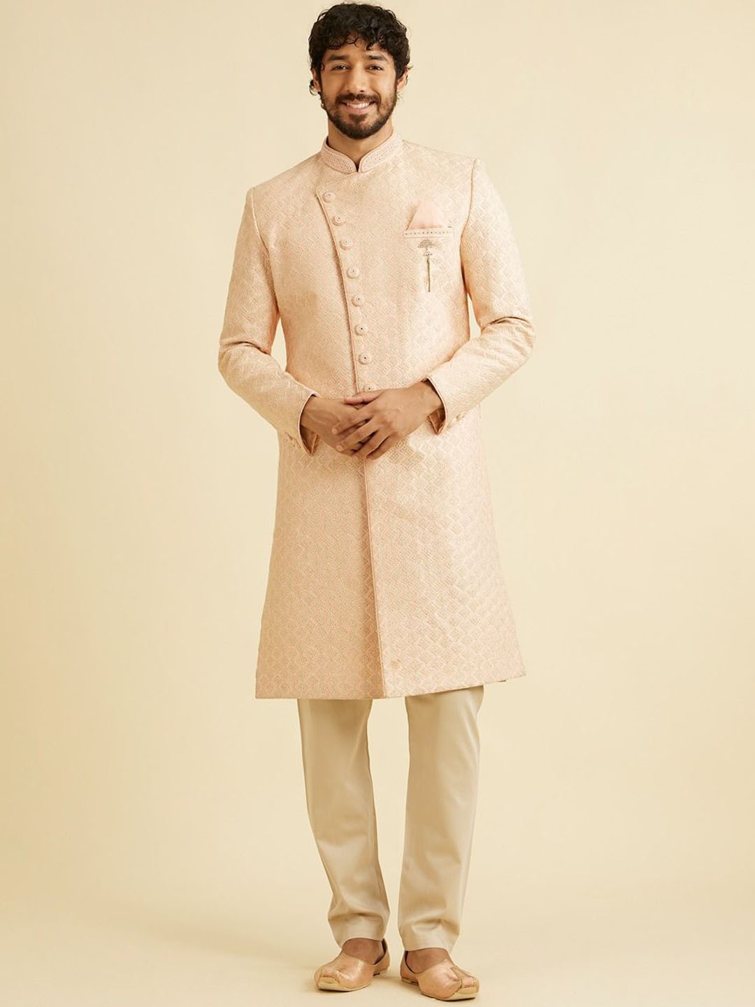 

Manyavar Men Plus Size Embroidered Long Sleeves Sherwani Set, Peach