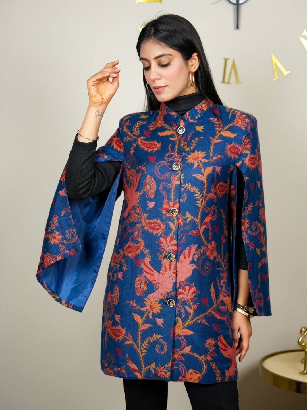 

HOUSE OF KIRNA'S WITH LOGO OF HOK Women Embroidered Long Coat, Navy blue