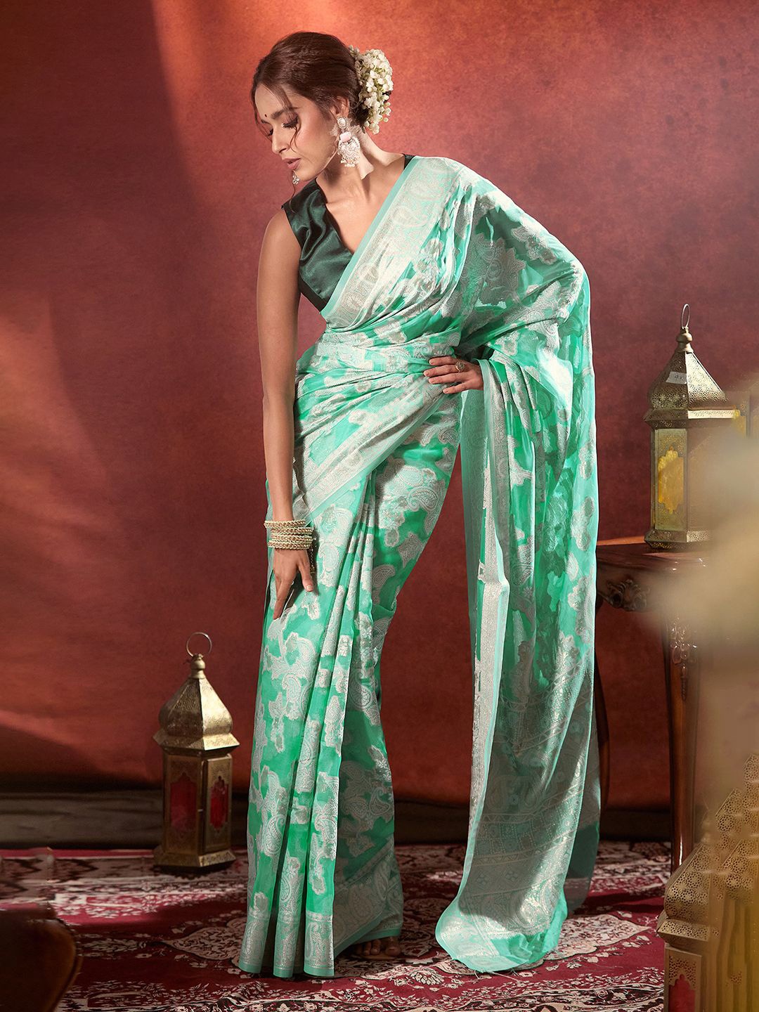 

Nazaakat by Samara Singh Woven Design Zari Organza Saree, Green
