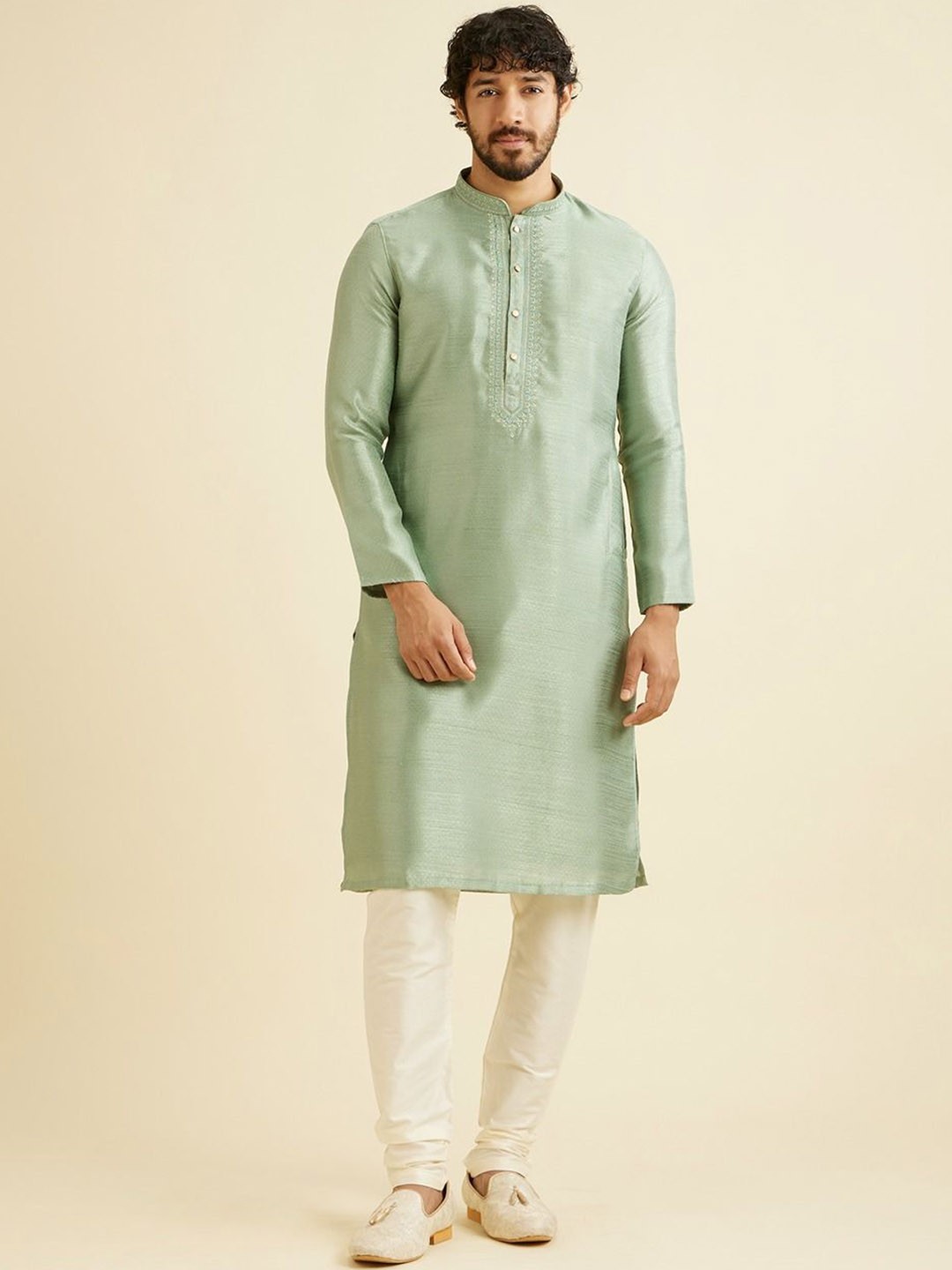 

Manyavar Mandarin Collar Thread Work Straight Kurta With Churidar, Green