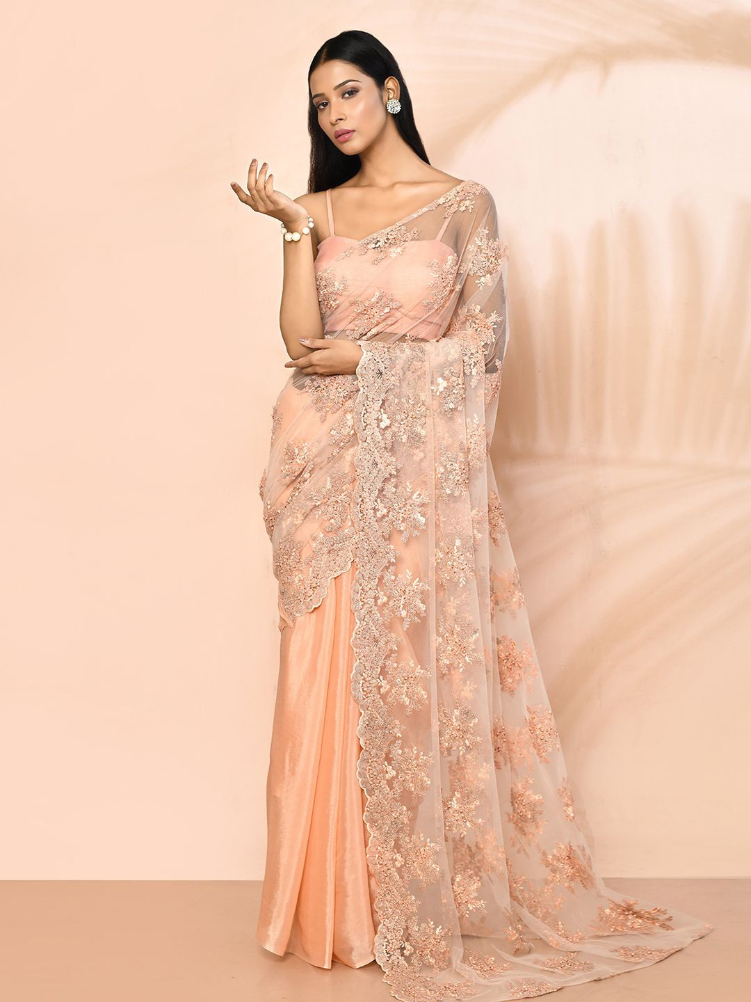 

Nazaakat by Samara Singh Embellished Beads and Stones Net Saree, Peach