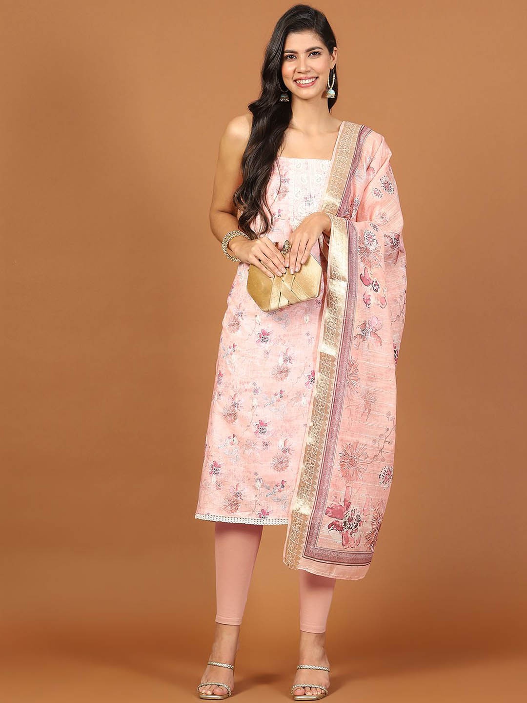 

Meena Bazaar Floral Printed Cotton Unstitched Dress Material, Peach