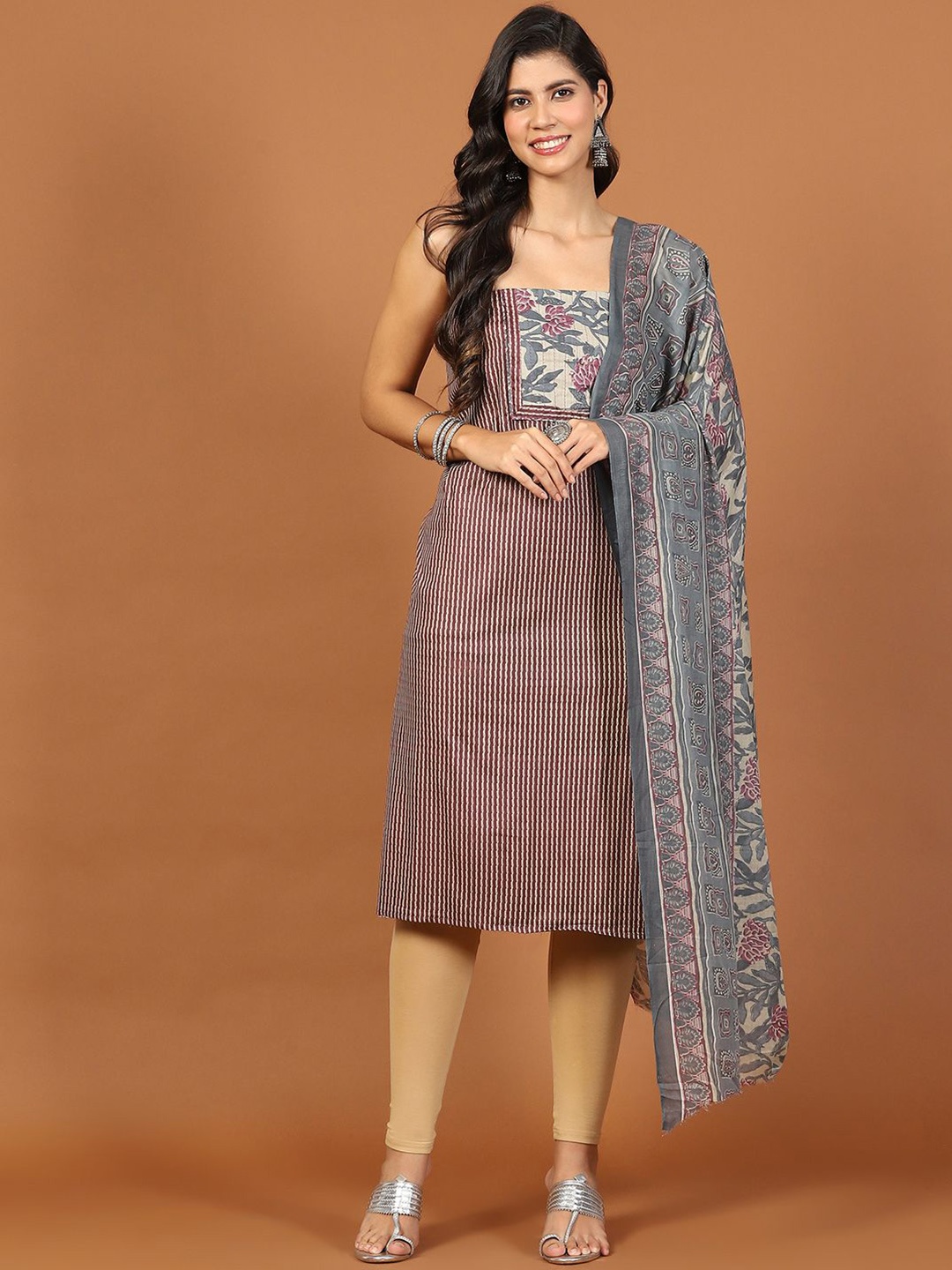 

Meena Bazaar Striped Thread Work Unstitched Dress Material, Pink
