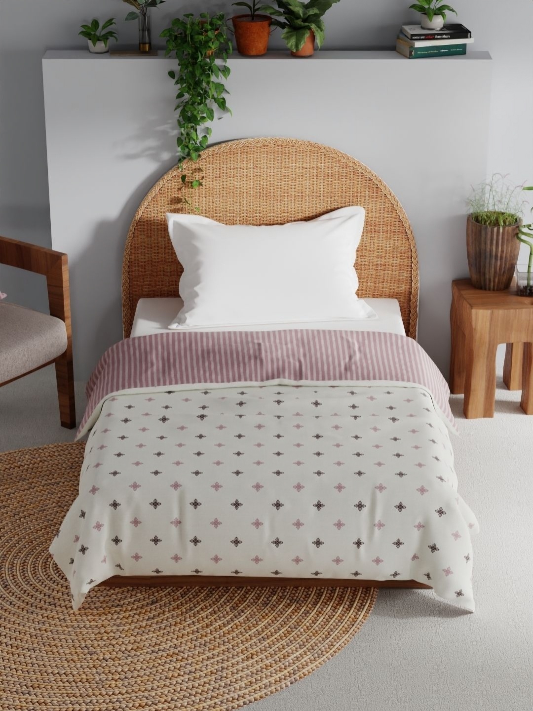

BIANCA Off White & Pink Floral AC Room Cotton 150 GSM Single Bed Dohar