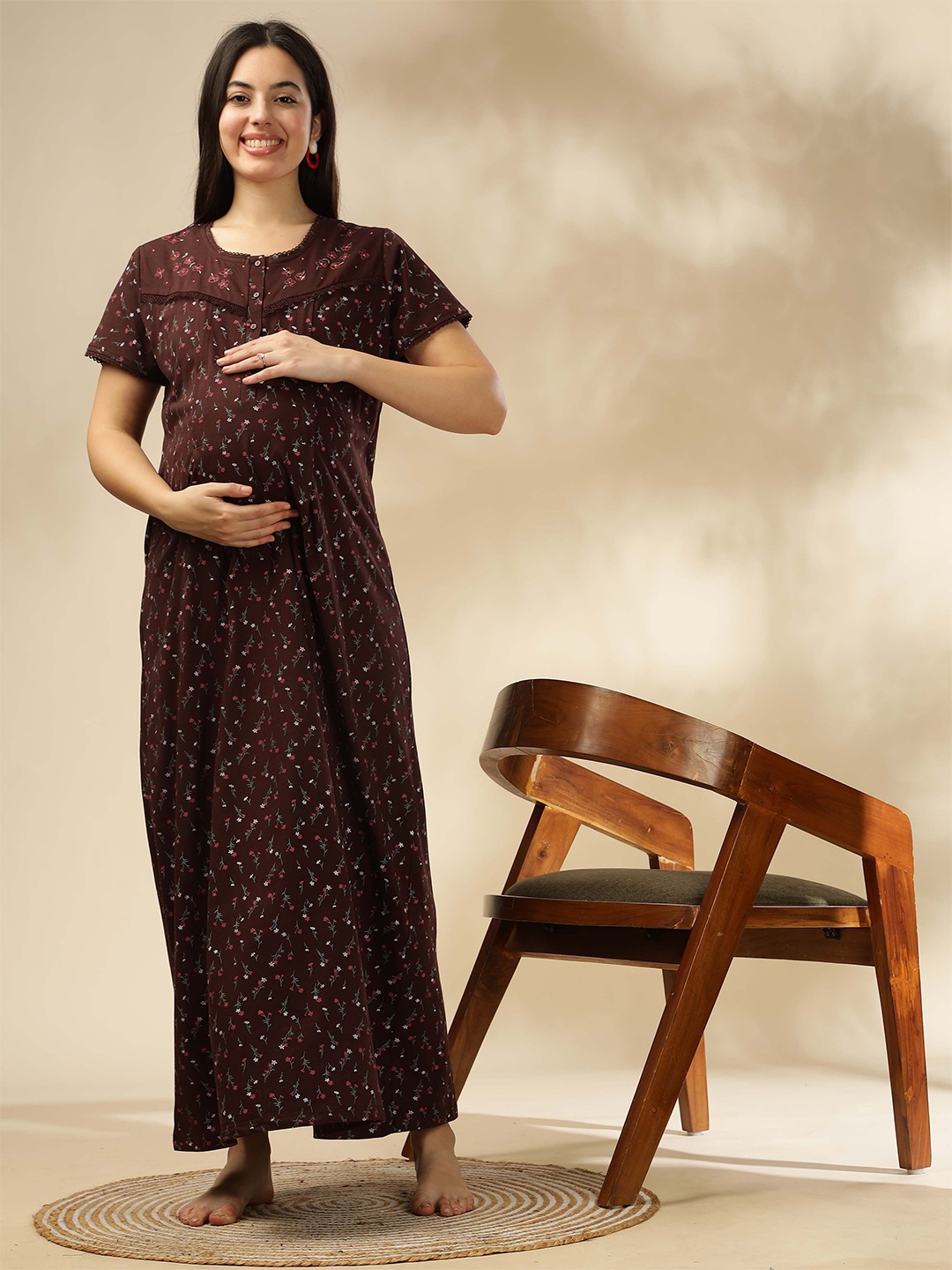 

9shines Label Embroidered Maxi Nightdress, Coffee brown