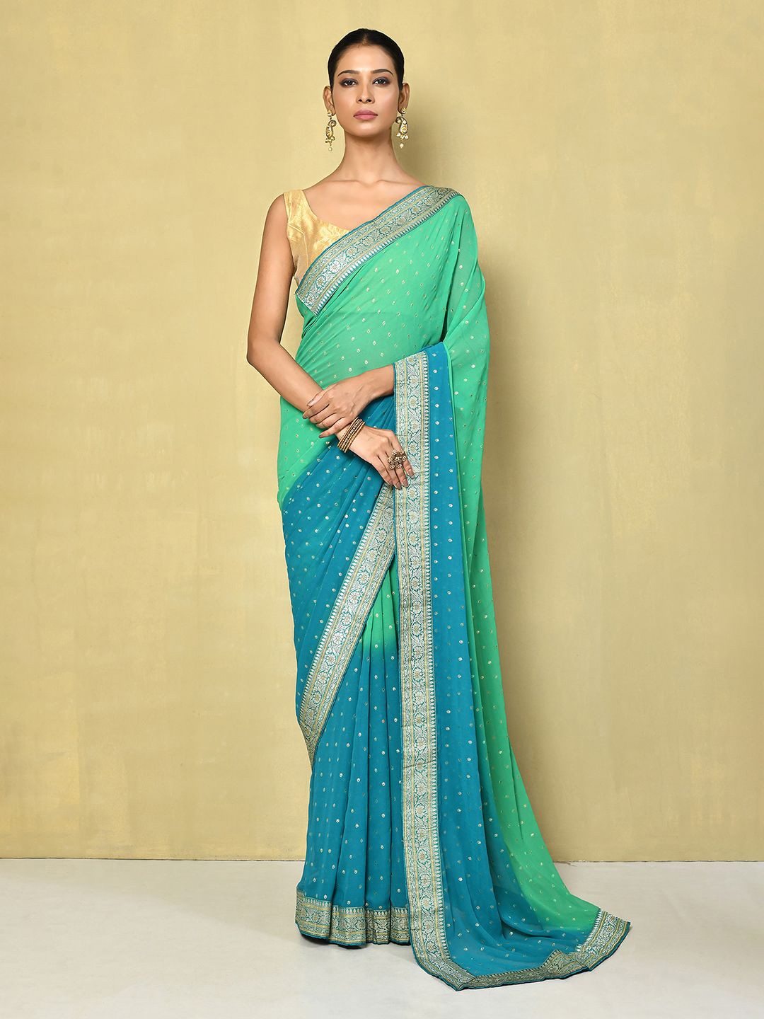 

Nazaakat by Samara Singh Ethnic Motifs Zari Poly Georgette Saree, Green