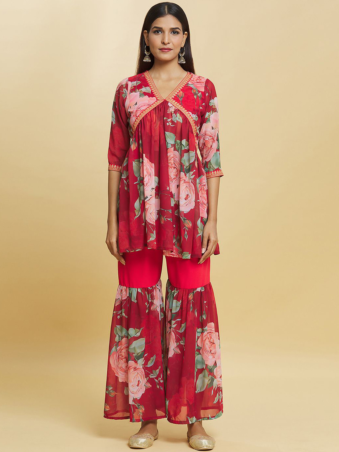 

Adara Khan Floral Printed V-Neck Anarkali Kurta With Sharara, Red