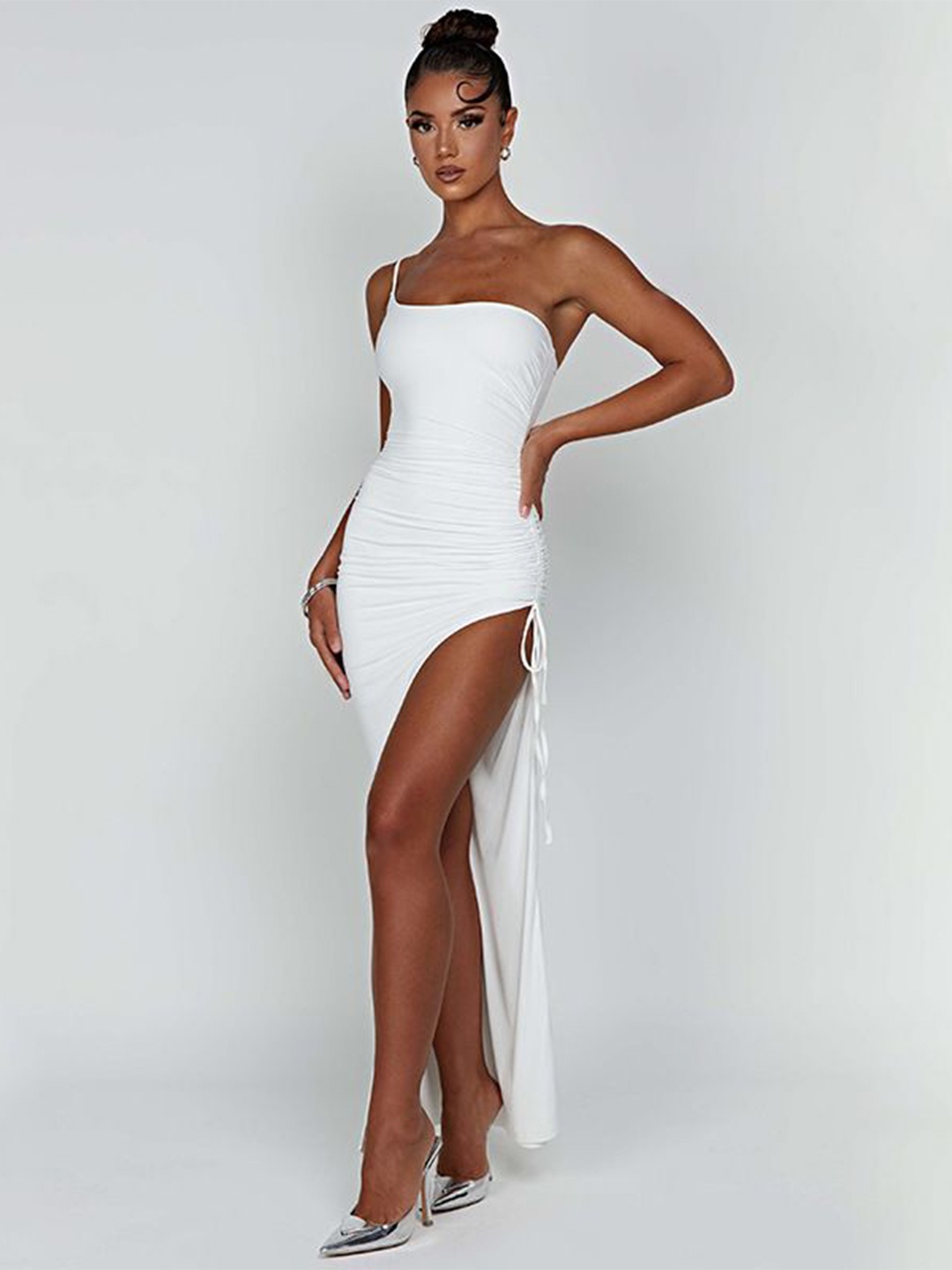 

MIAKEE Women One Shoulder Sheath Party Wear Maxi Dress, White