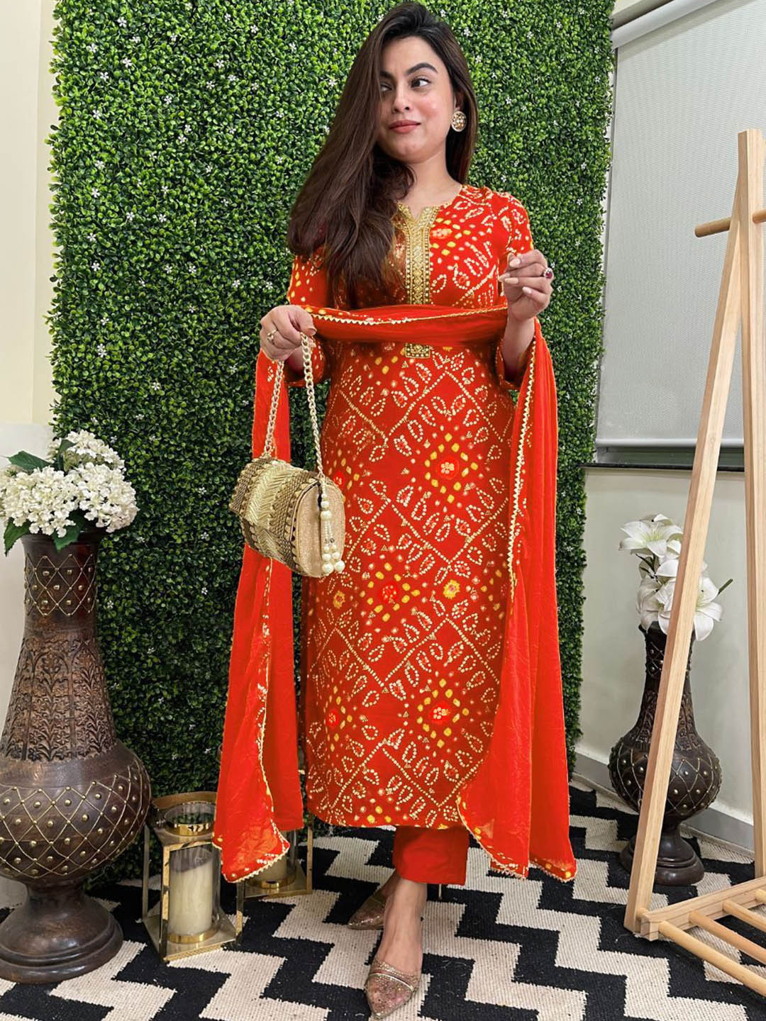 

GoSriKi Bandhani Printed Sequinned Straight Kurta With Trousers & Dupatta, Red