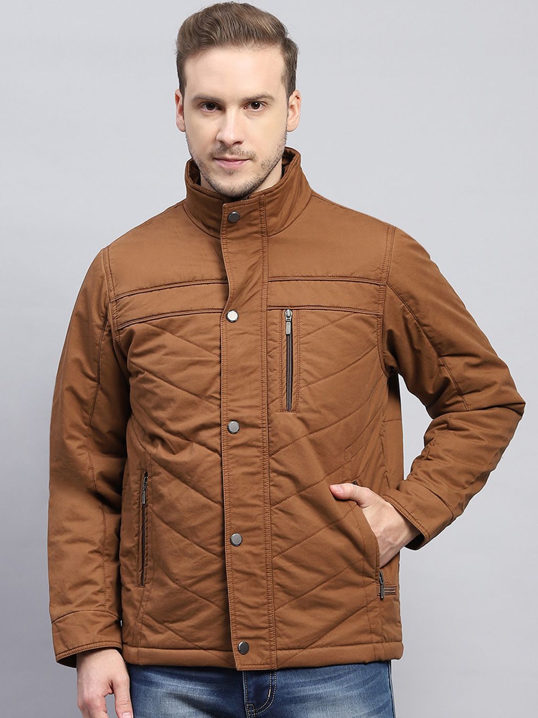 

Monte Carlo Men Mock Collar Solid Cotton Casual Quilted Jacket, Brown