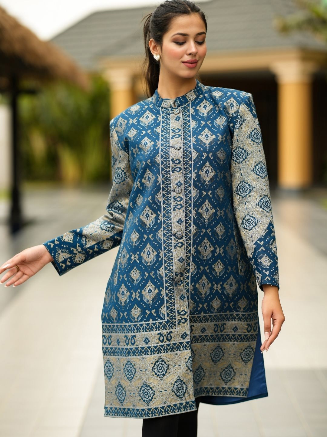 

HOUSE OF KIRNA'S WITH LOGO OF HOK Women Ethnic Motifs Printed Jacquard A-Line Kurtas, Blue