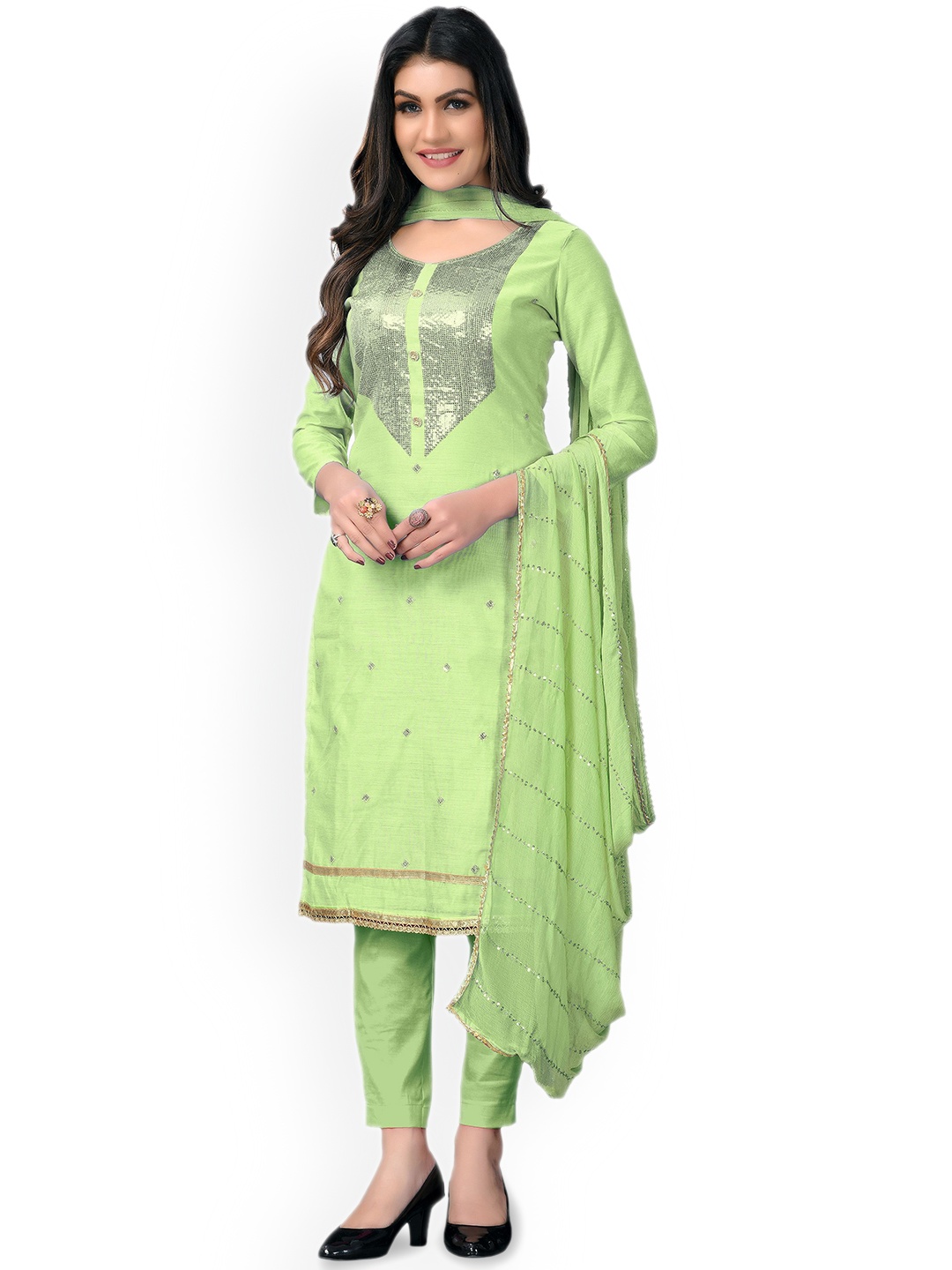 

Maroosh Embellished Sequinned Unstitched Dress Material, Green