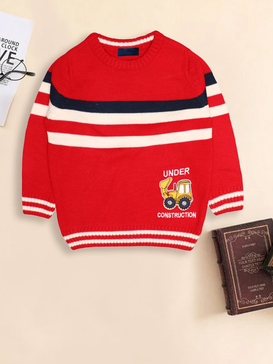 

CHKOKKO Boys Cable Knit Striped Woollen Pullover, Red
