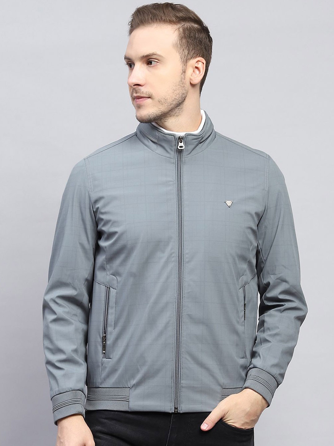 

Monte Carlo Men Mock Collar Checked Casual Bomber Jacket, Grey