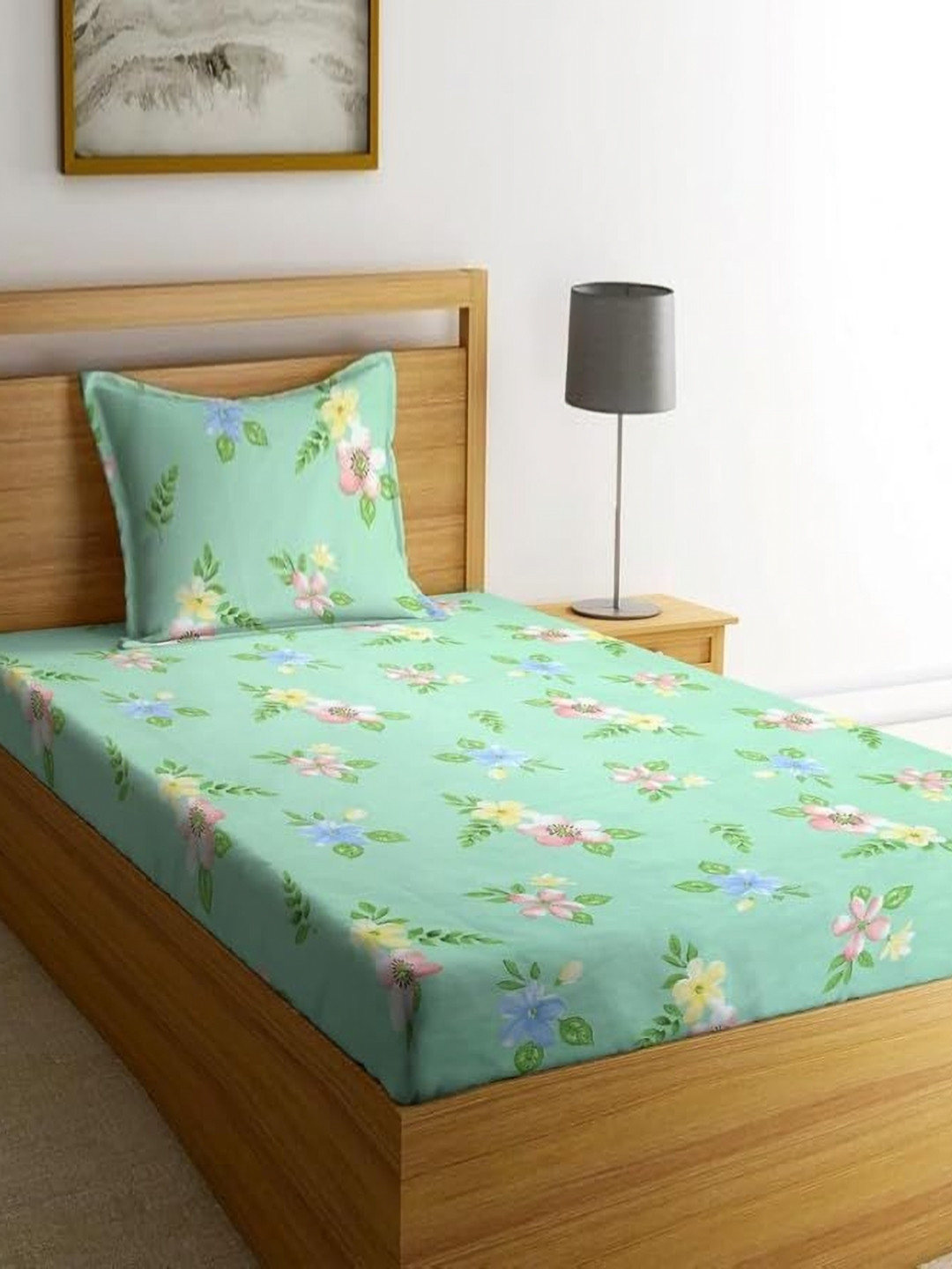 

MORADO Green Floral 210 TC Single Bedsheet Set-1.52 m x 2.28 m