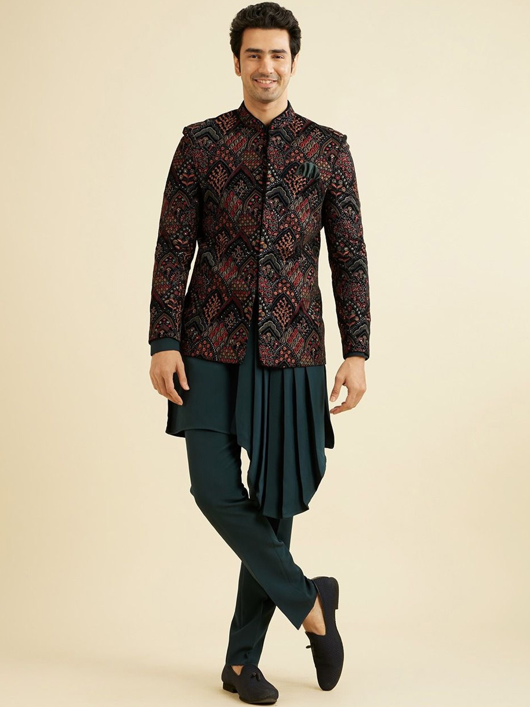 

Manyavar Embroidered Mandarin Collar Sherwani Set, Green
