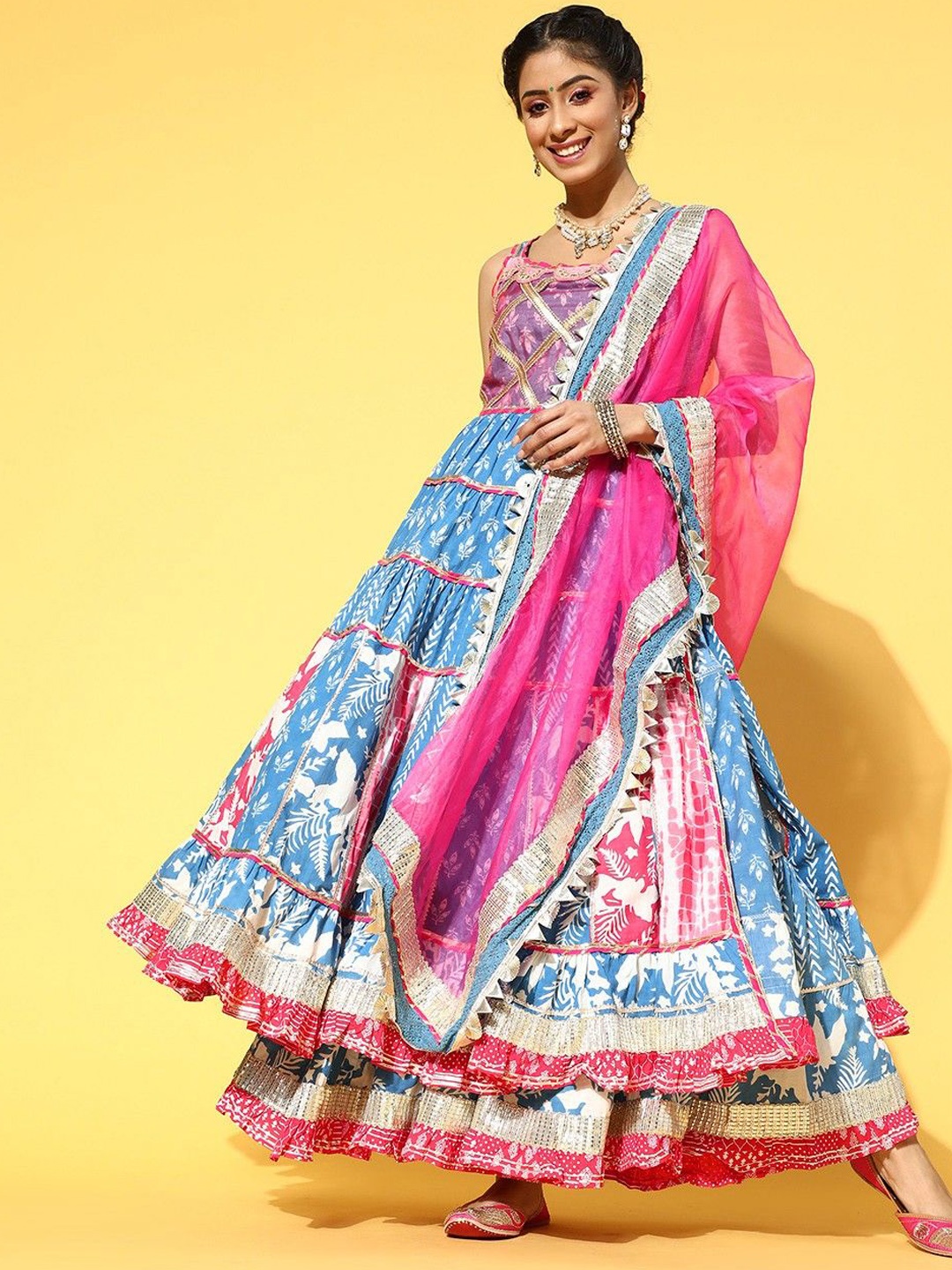

Sangria Floral Printed Pure Cotton A Line Kurta With Sharara & Dupatta, Blue