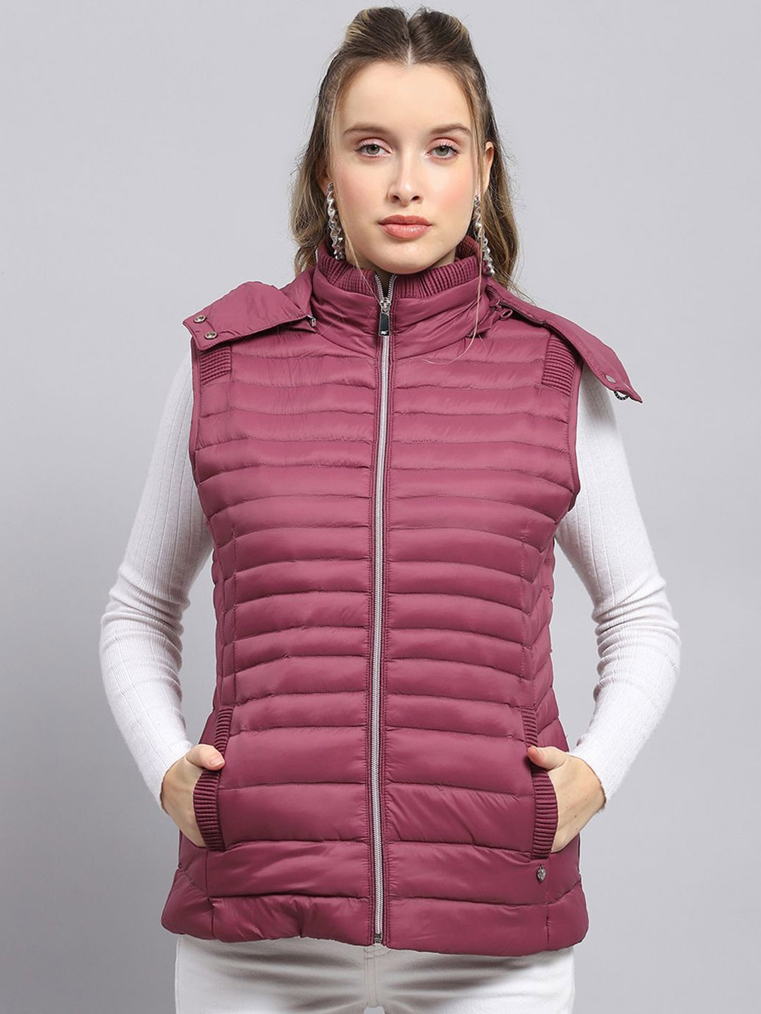 

Monte Carlo Women Hooded Solid Nylon Casual Puffer Jacket, Burgundy