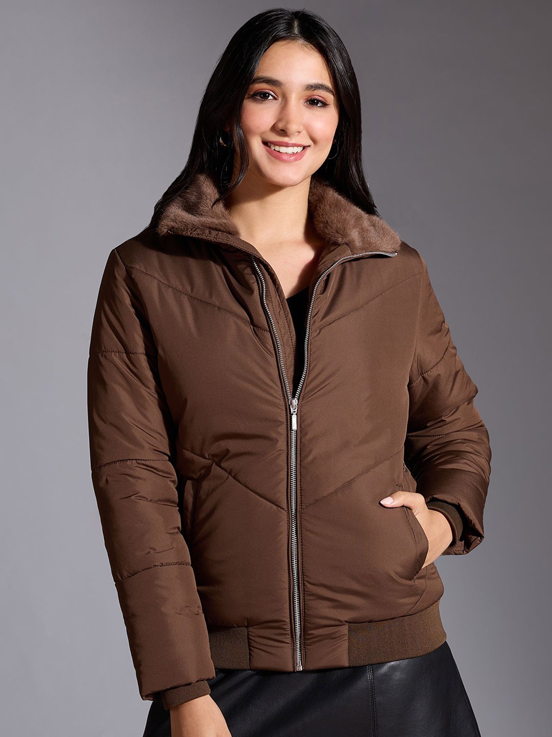 

20Dresses Women Mock Collar Solid Casual Puffer Jacket, Brown