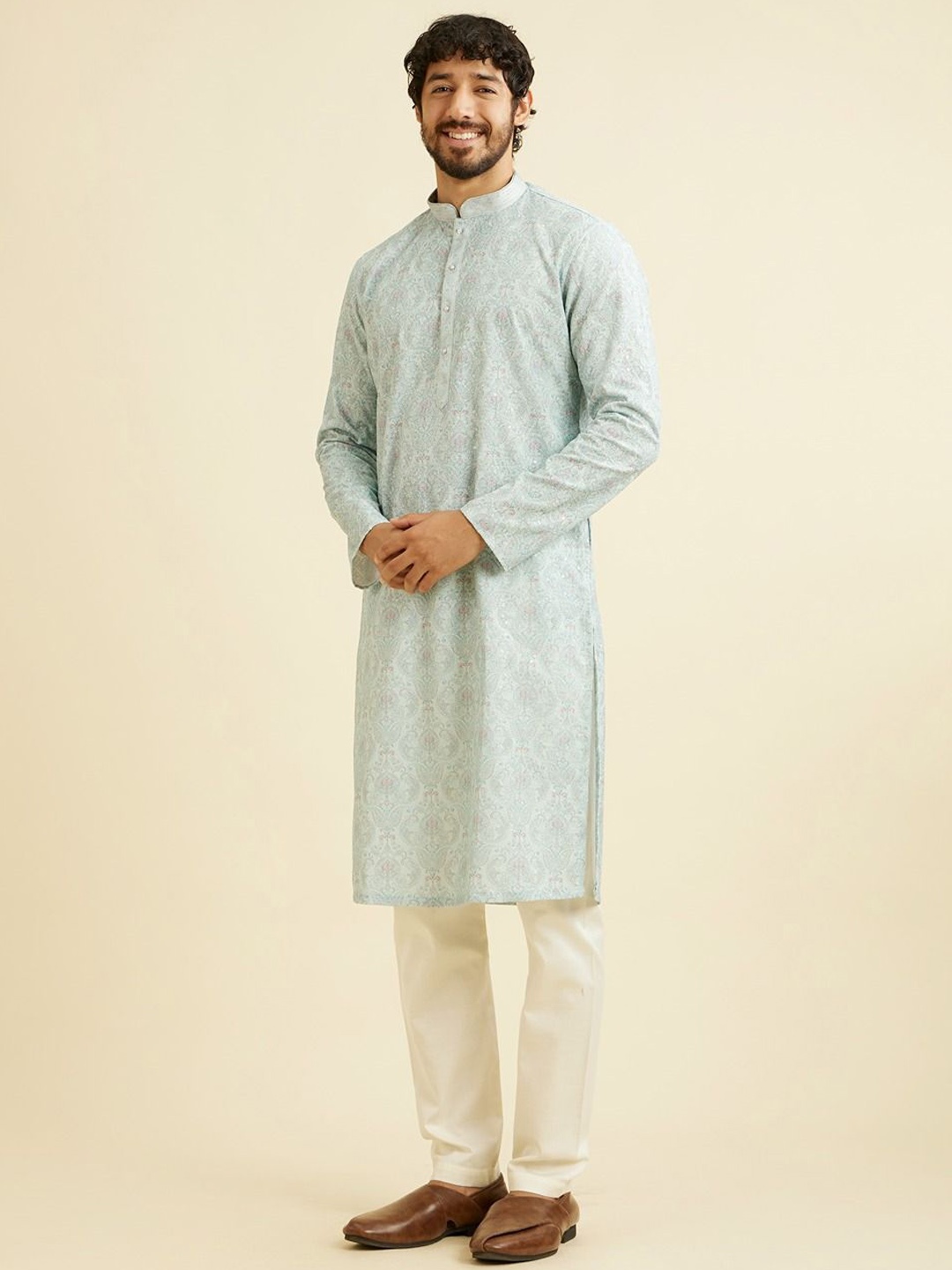 

Manyavar Ethnic Motifs Embroidered Straight Chikankari Kurta with Pyjamas, Green