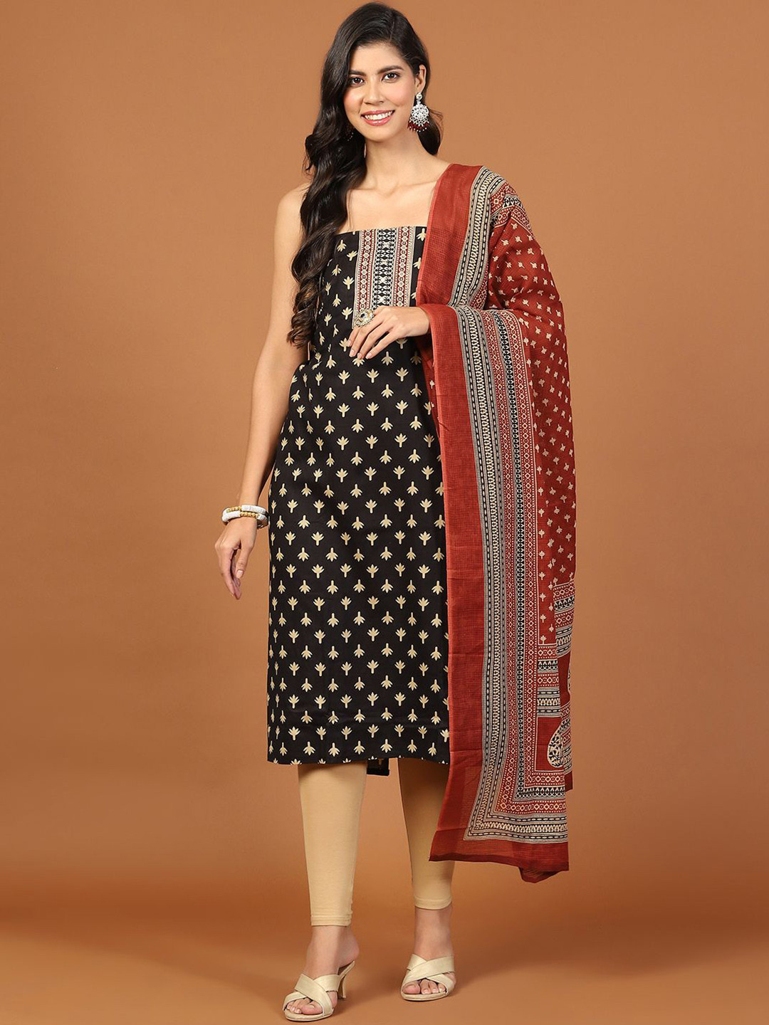 

Meena Bazaar Floral Printed Cotton Unstitched Dress Material, Black
