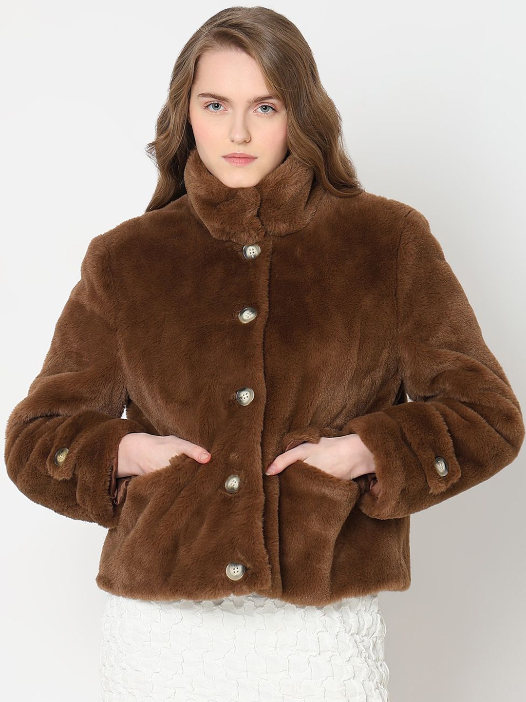 

Vero Moda Women Mock Collar Solid Casual Parka Jacket, Brown