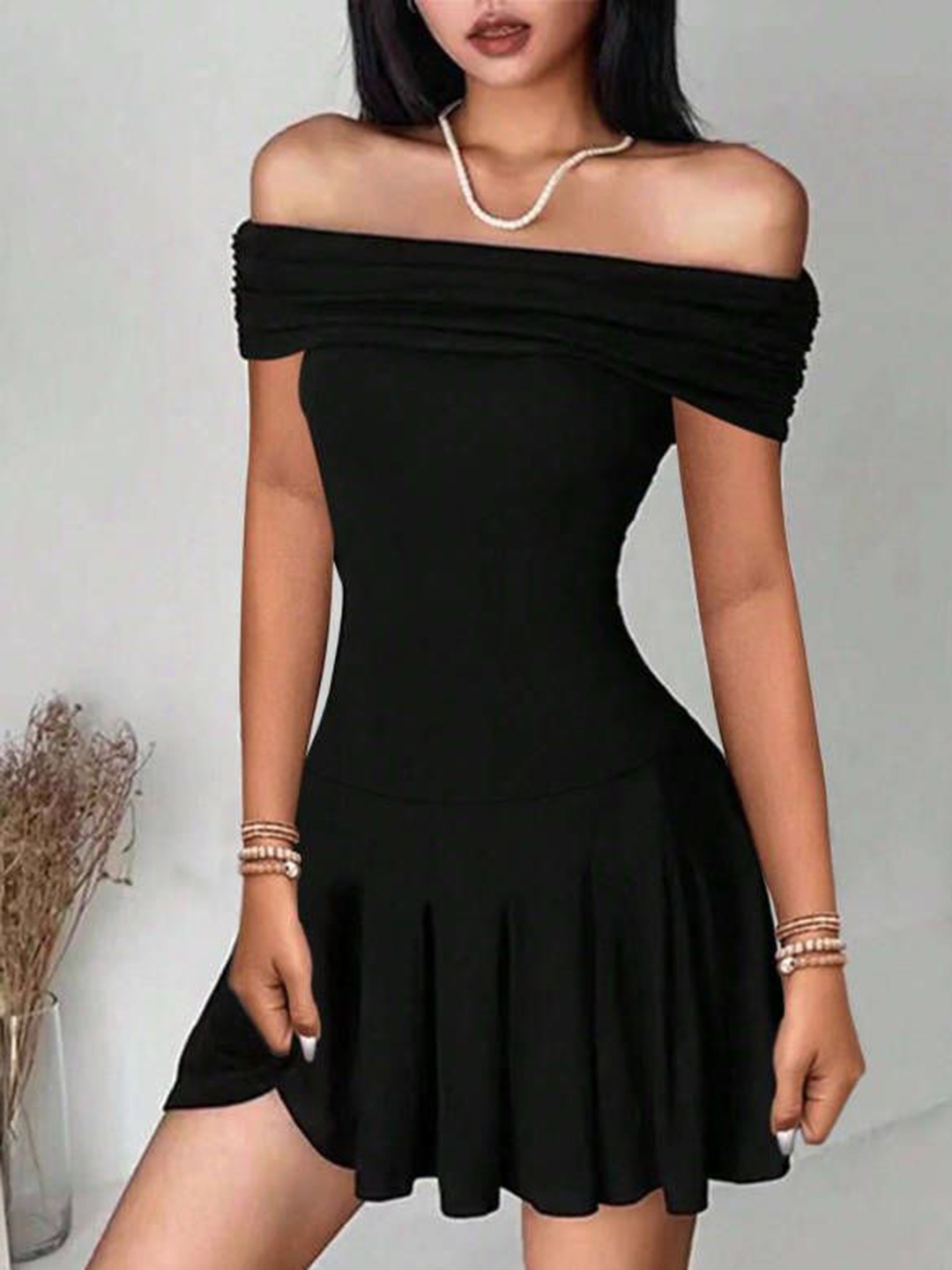 

HERE&NOW Women Off-Shoulder Fit & Flare Dress, Black