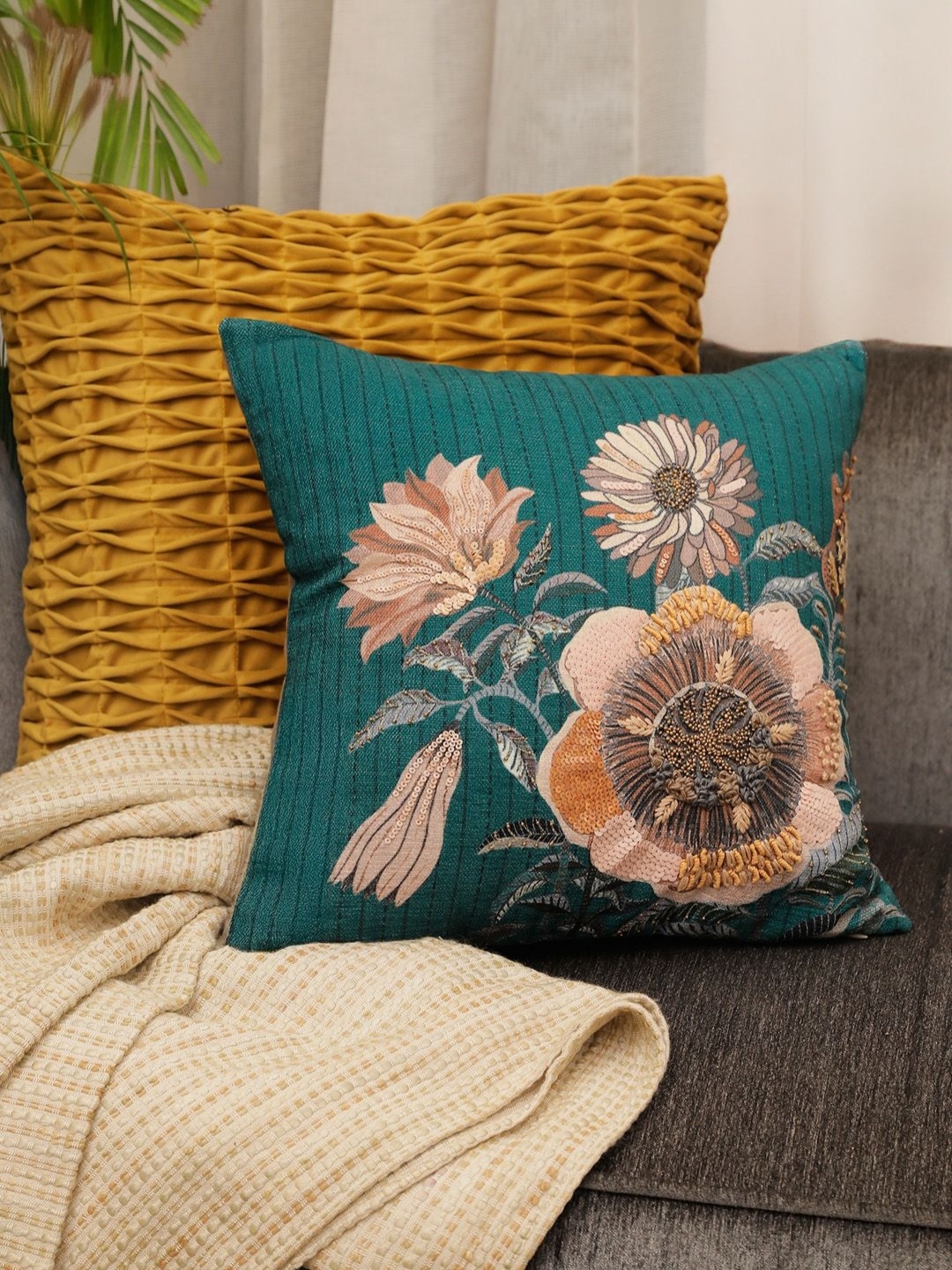 

ONSETHOMES jashn Turquoise Blue & Rust Cotton Embroidered Square Cushion Cover