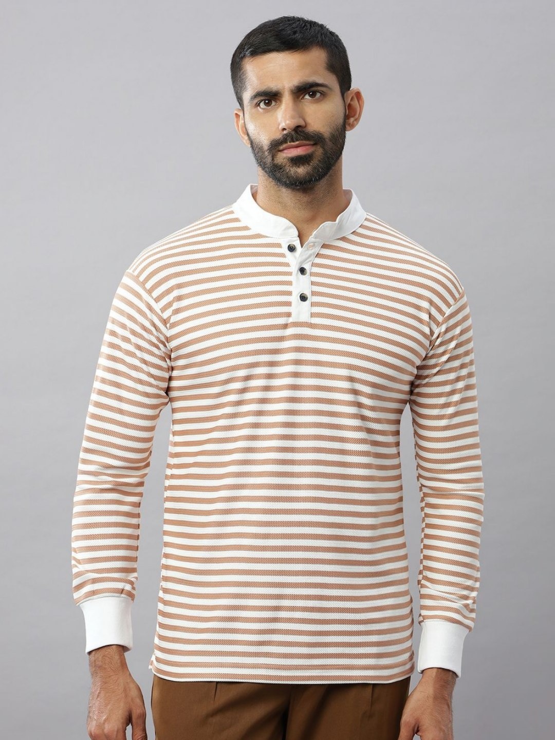 

N AND J Men Striped Henley Neck Cotton T-shirt, Brown