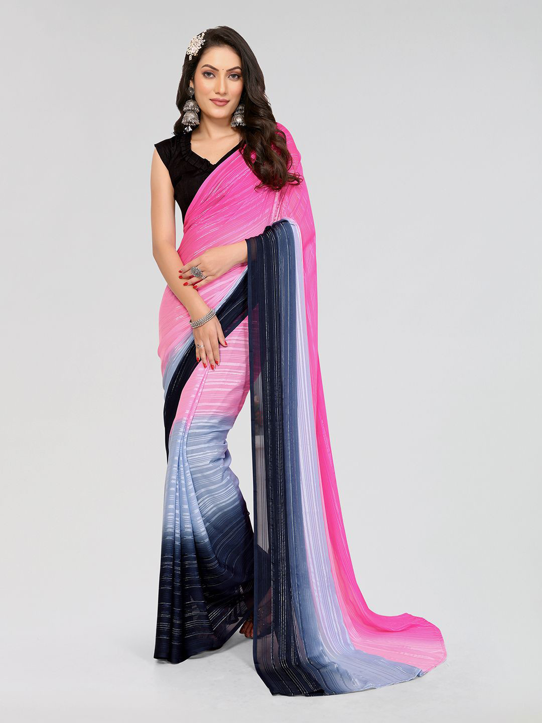 

Moda Rapido Striped Satin Saree, Pink