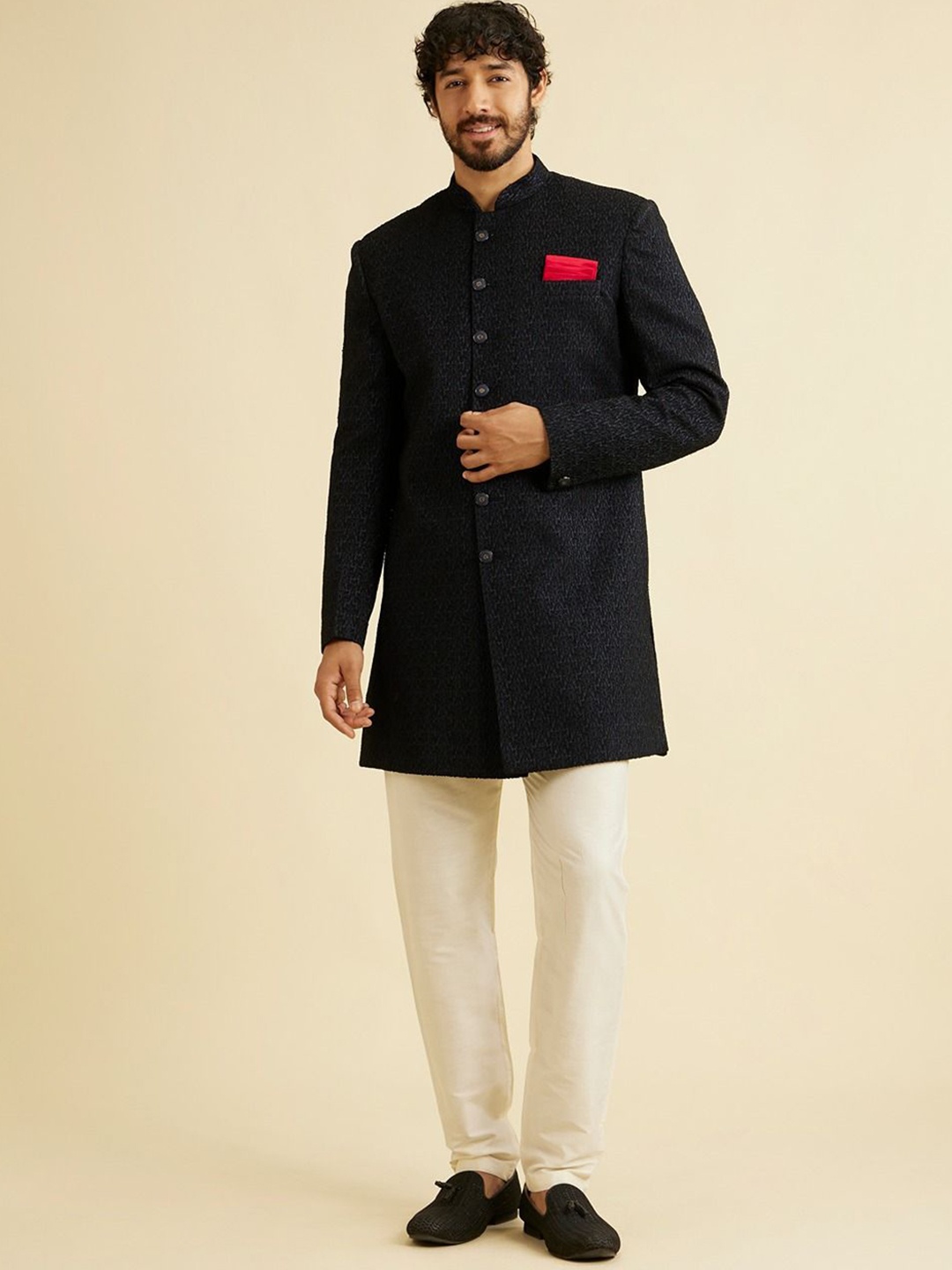 

Manyavar Men Self Designed Sherwani Set, Blue