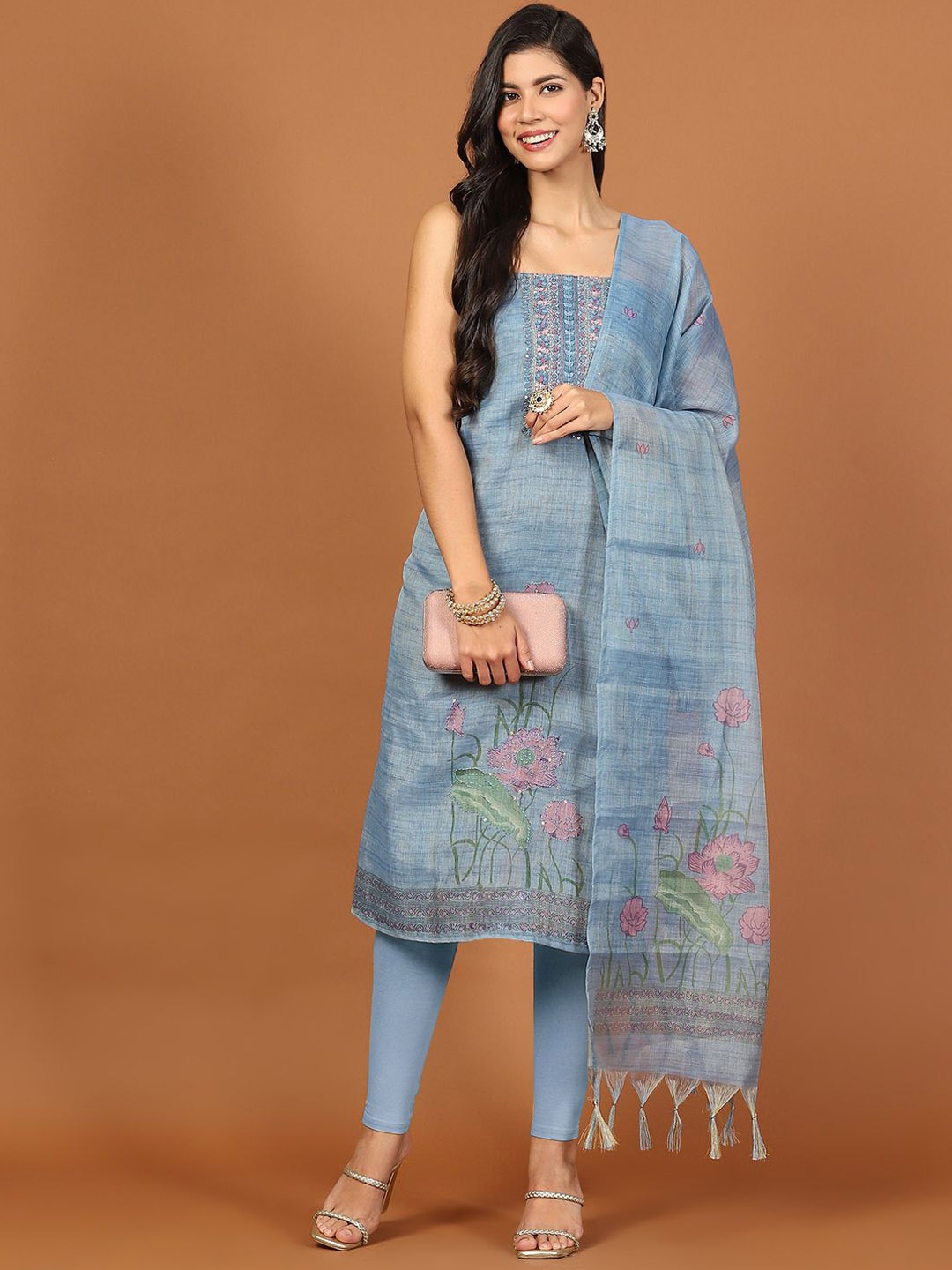 

Meena Bazaar Floral Embroidered Sequinned Unstitched Dress Material, Blue