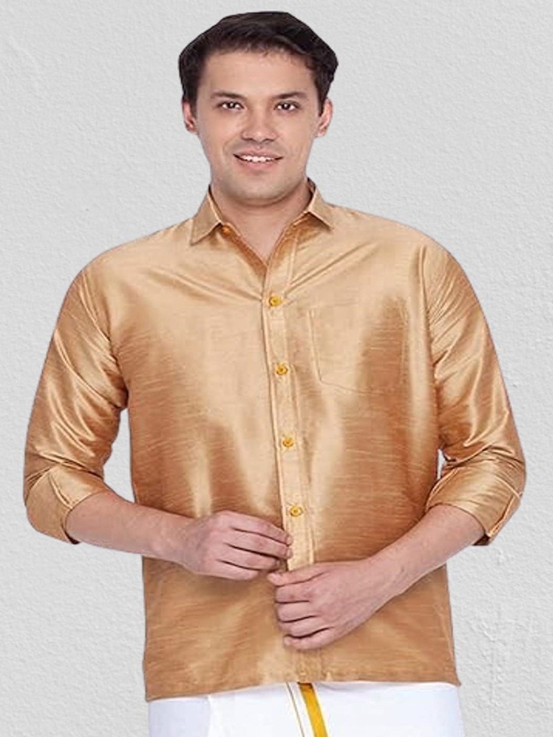 

BANHUSSAIN Men Spread Collar Solid Silk Casual Shirt, Yellow