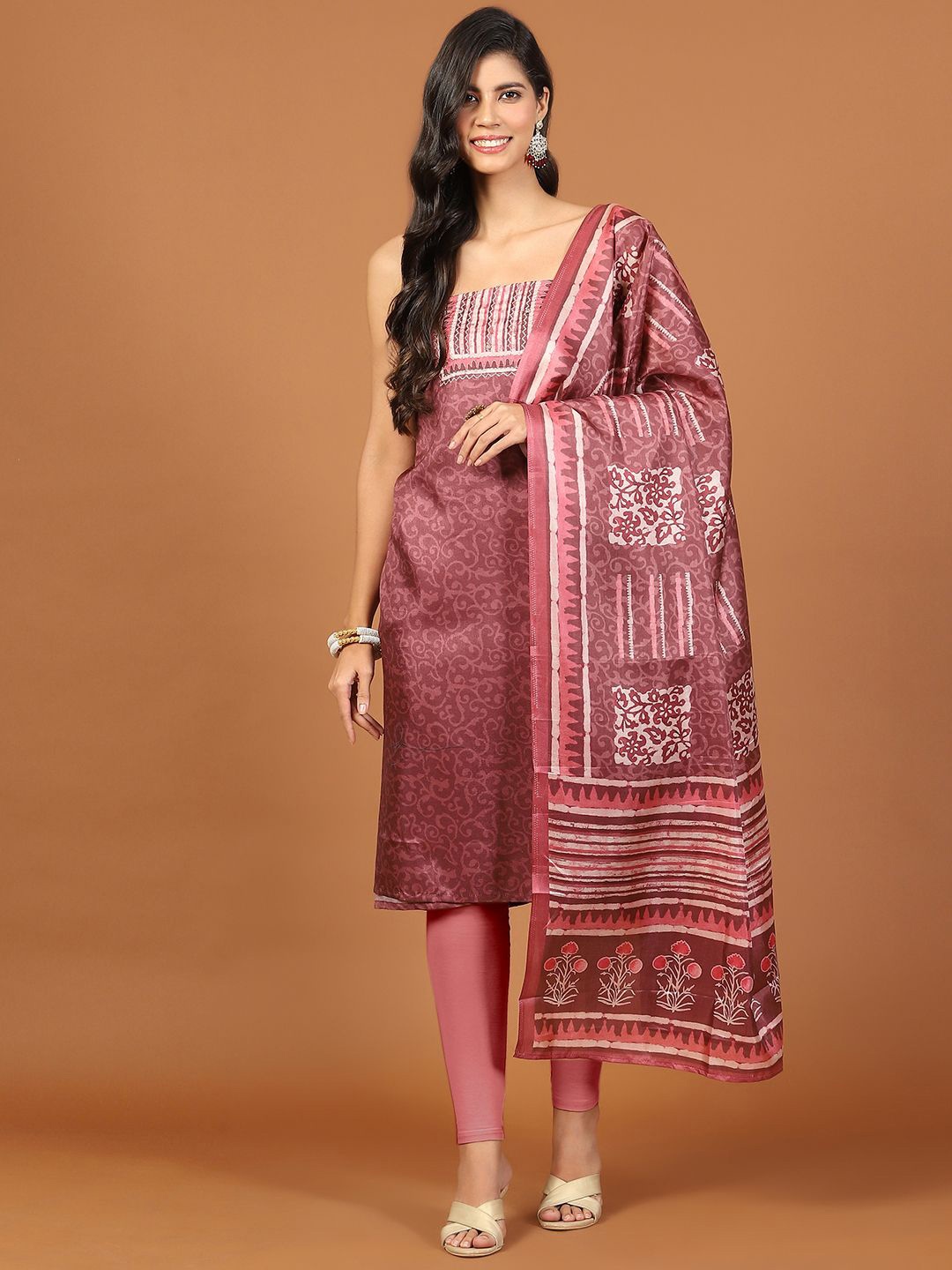 

Meena Bazaar Floral Printed Unstitched Dress Material, Pink