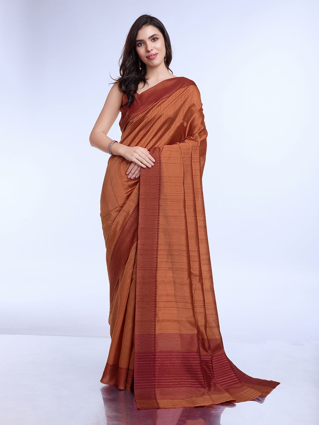 

DOI MOI Striped Pure Silk Traditional Banarasi Saree, Rust