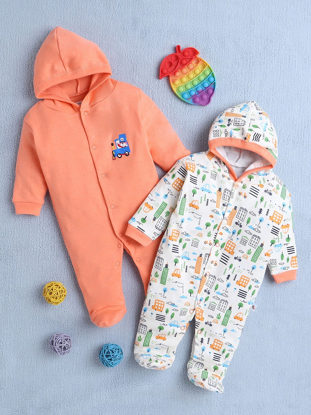 

BUMZEE Boys Pack of 2 Printed Hooded Sleepsuit, Orange